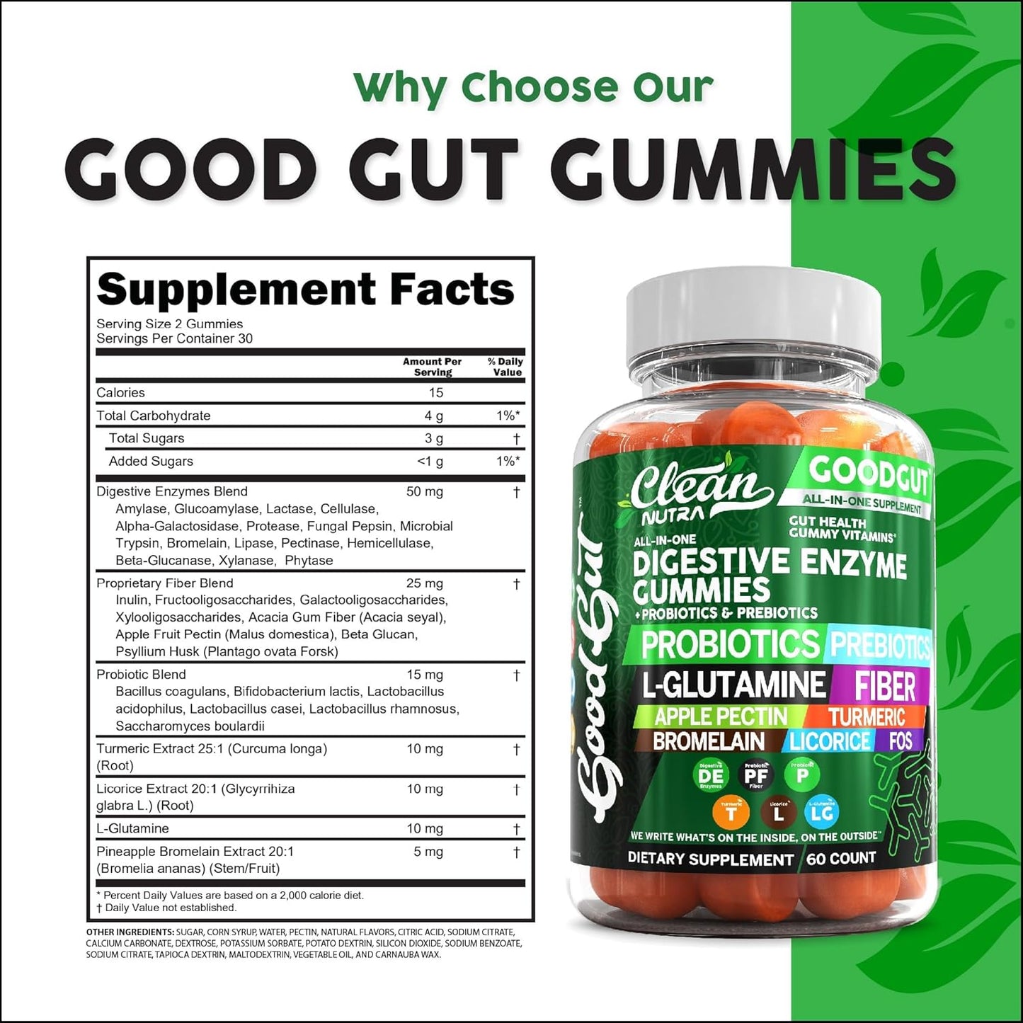 Digestive Enzymes with Probiotics and Prebiotics For Digestive Health Gummies + L-Glutamine For Gut Health Bromelain Turmeric Licorice Fiber Apple Pectin Inulin FOS Plant Pased Vegan Gummy Vitamins