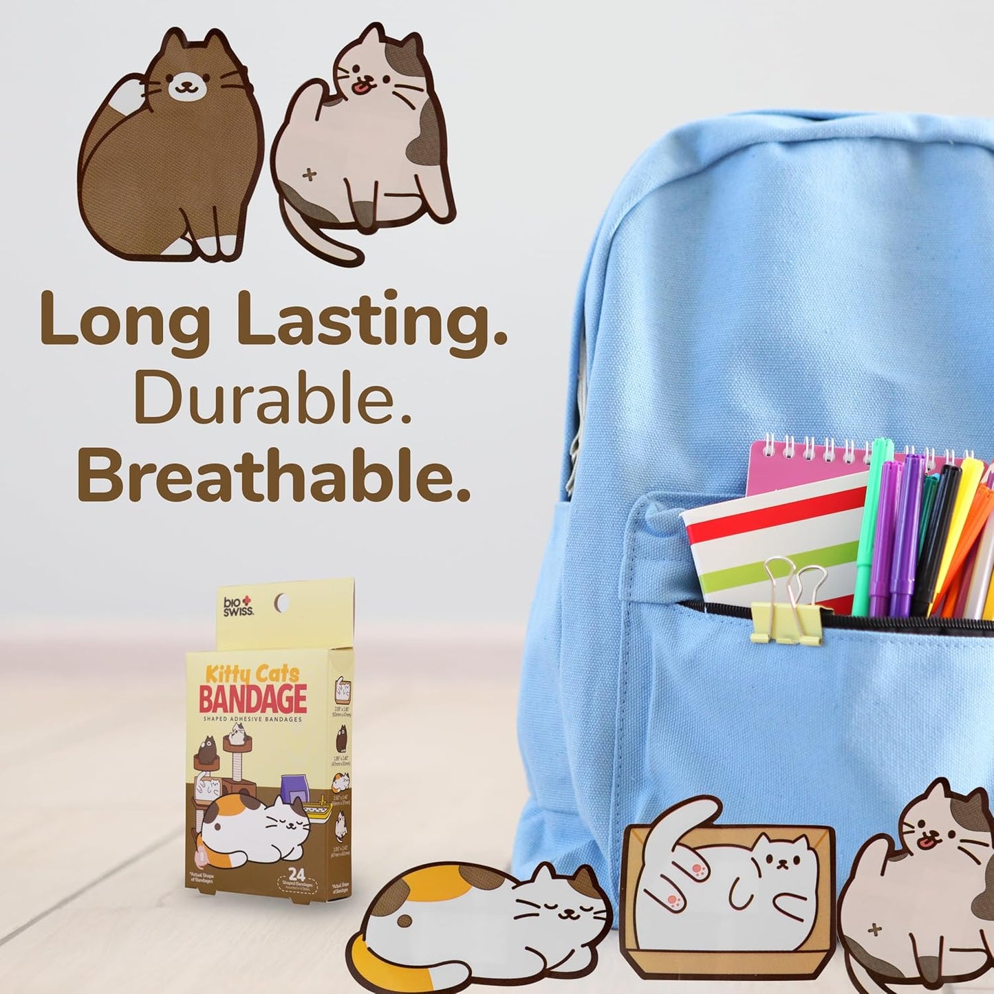 BioSwiss Kids Bandages, Kitty Cats Shaped Self Adhesive Bandage Set, Latex Free, Sterile Wound Care, 24 Count