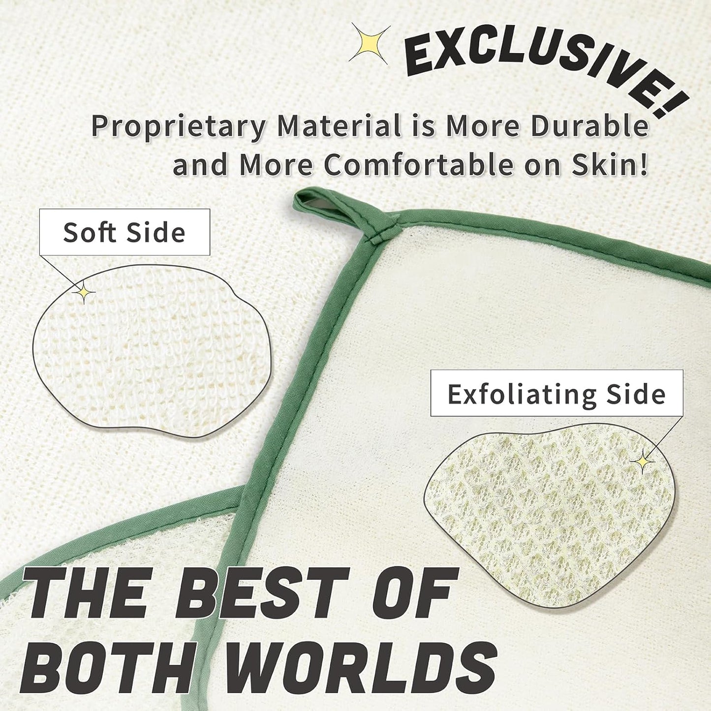 myHomeBody Dual-Textured Exfoliating Washcloth with Soft and Scrubbing Side, Body Exfoliation Scrubber for Bath, Shower, White with Green Edge, Set of 5