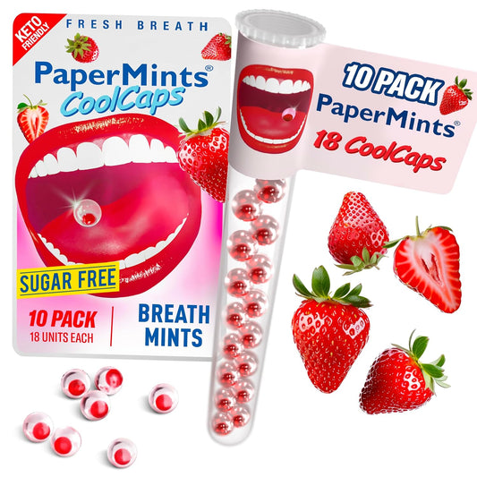 PaperMints CoolCaps Instant Fresh Breath Mints Sugar-Free Strawberry. Breath Freshener, After Dinner, Dry Mouth Relief 10 pack of 18