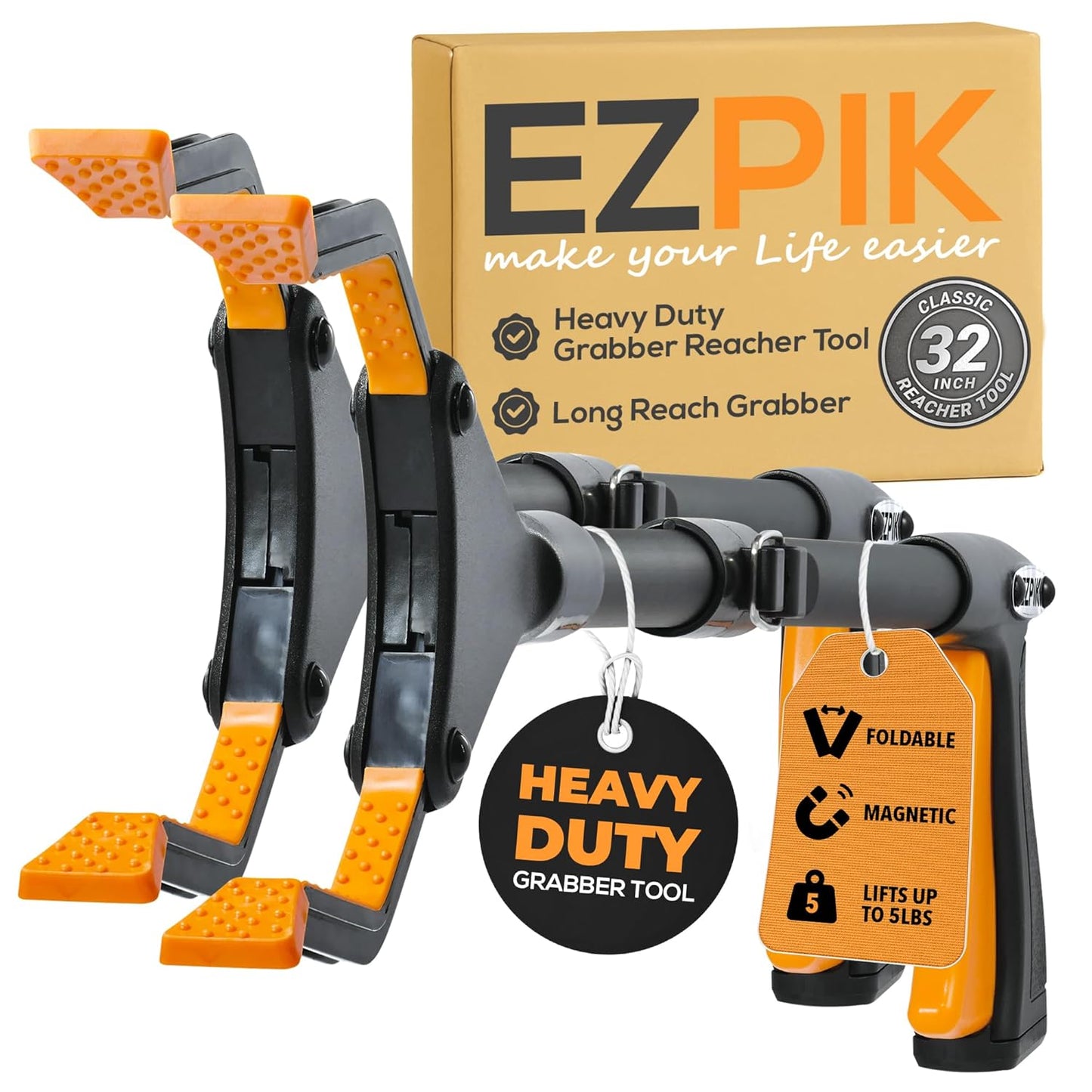 EZPIK Classic 32" Flexible Folding Grabber Tool for Elderly + Magnets, Reacher for Disabled & Seniors Heavy Duty Rotating Grippers for Reaching Underneath, Trash Grabbers & Pickers for Mobility 2-Pack