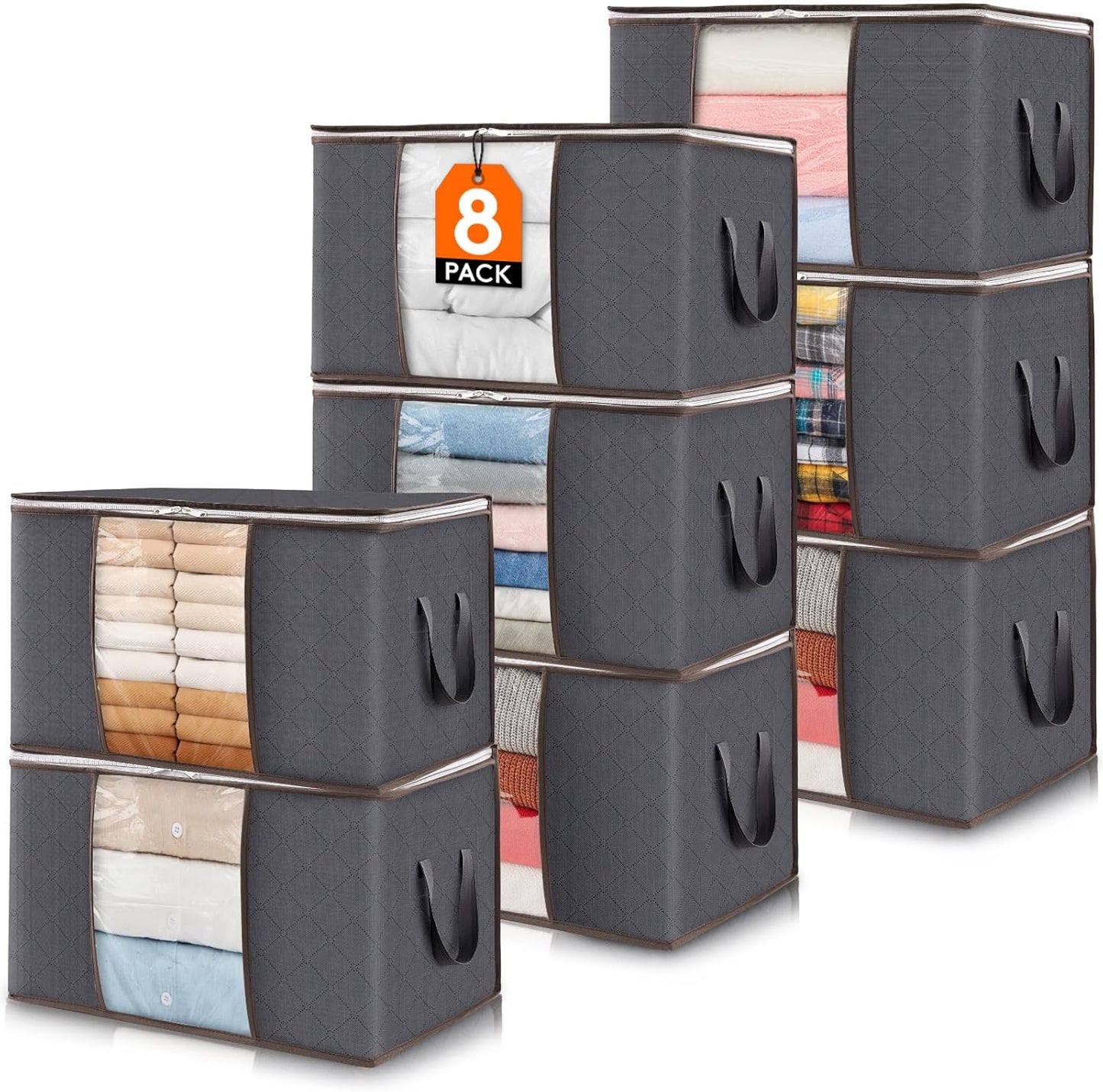 Lifewit 8 Pack Foldable Clothes Storage Bins with Lids, Gray, Non-woven Fabric, Rectangular, Sturdy Zipper, Reinforced Handle, 21.6" x 13.7" x 12.4", 60L Capacity Each, Ideal for Clothes and Bedding