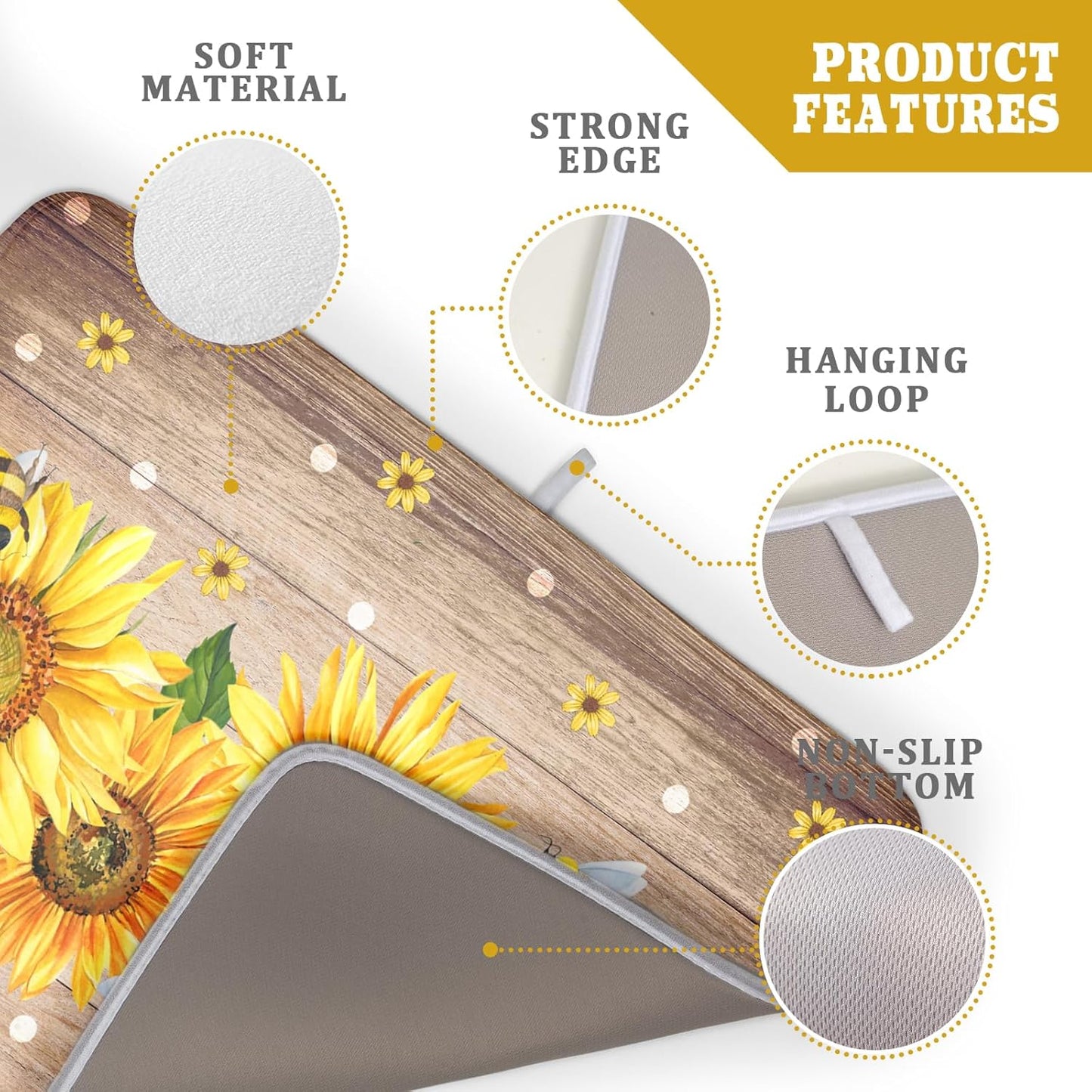 Sunflower Bee Dish Drying Mat for Kitchen Counter Home 18x24 Inch Wood Barn Microfiber Drainer Rack Mats Washable Absorbent Dish Dry Pad