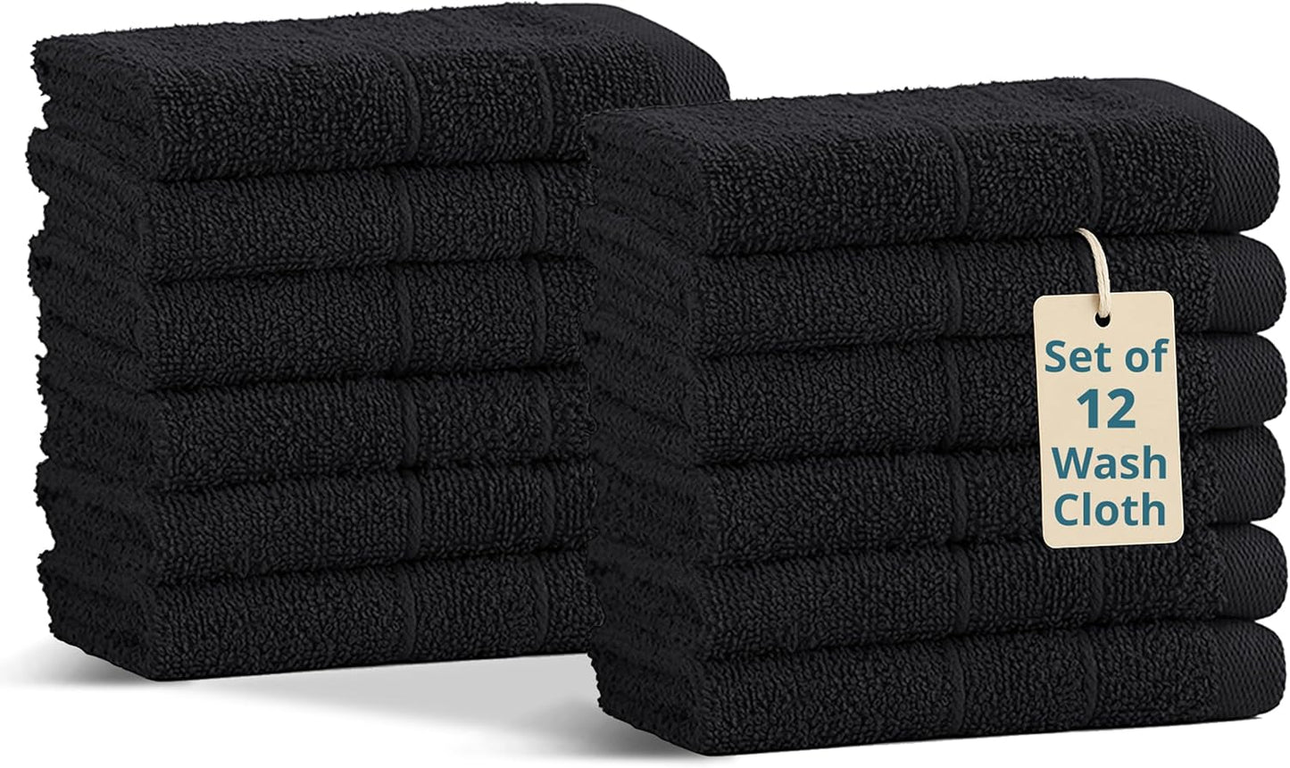 Casa Platino 100% Cotton Washcloths 12 Pack - Spa & Salon Quality Face Towels - Ring Spun, Soft & Absorbent Wash Cloths for Body, Beauty, Home, Gym - Fingertip Towels Set- 13"x13", Black Towel Set