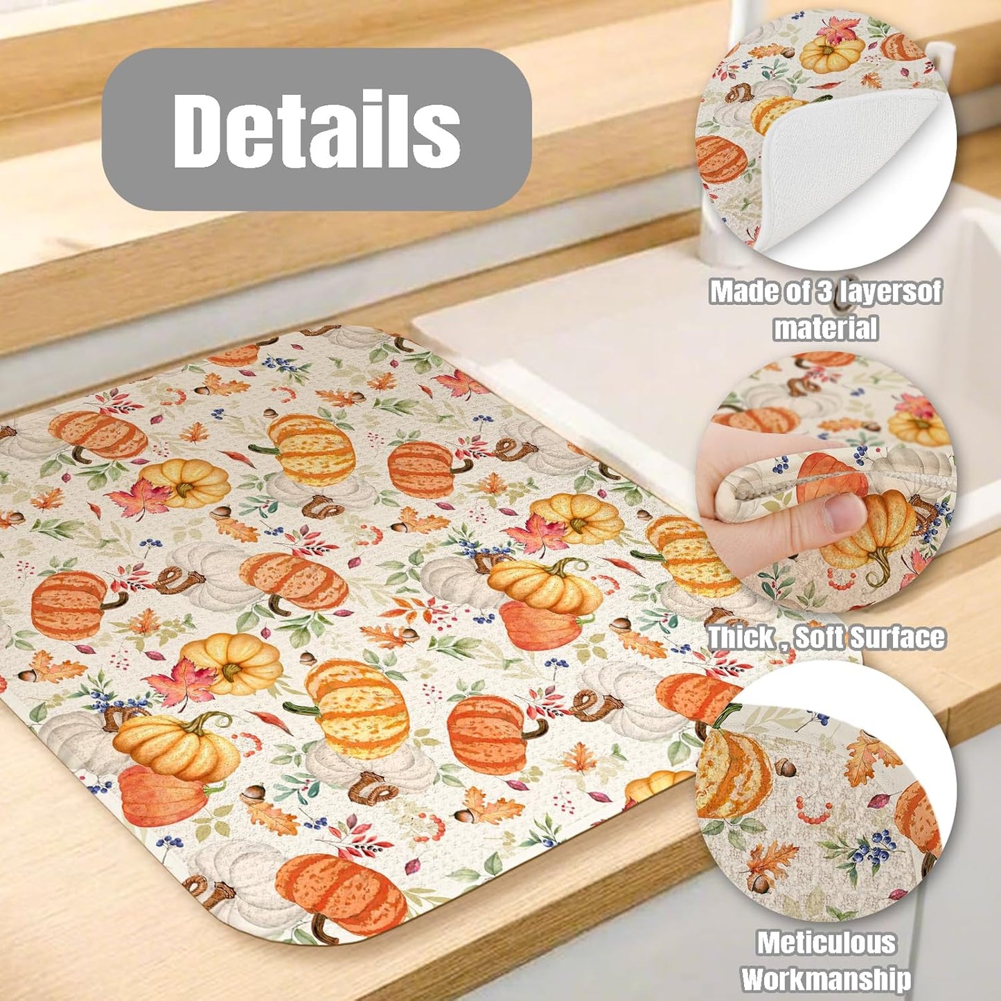 Dish Drying Mat for Kitchen Counter Large 18" x 24" Fall Pumpkin Absorbent Microfiber Dishes Drainer Rack Mats Pad Reusable Washable
