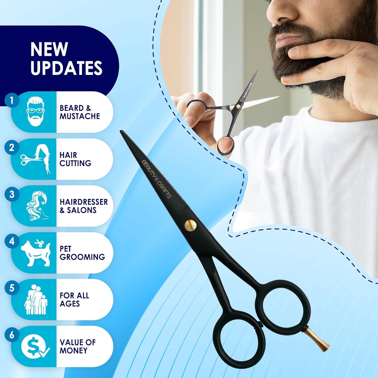 5'' Professional German Beard Scissors for Men- 2 Mustache Combs for Facial Hair with Beautiful Pouch & Tweezer - Mustache Scissors for Men Grooming, Cutting, Styling-Mustache Trimmer