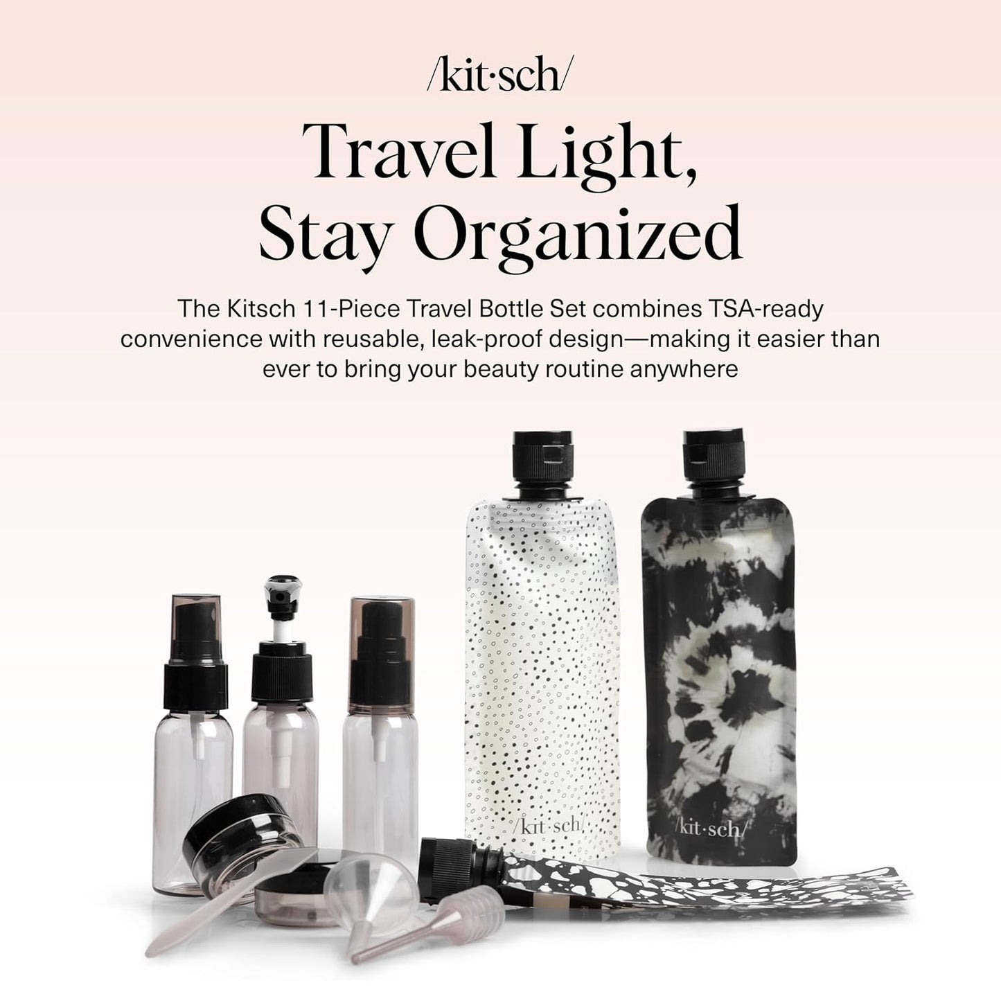 Kitsch 11 PCS Travel Bottles for Toiletries – Travel Essentials Kit for Shampoo, Conditioner, Lotion & More - TSA Approved Travel Bottles, Leak-Proof Refillable Travel Size Containers - Black & Ivory