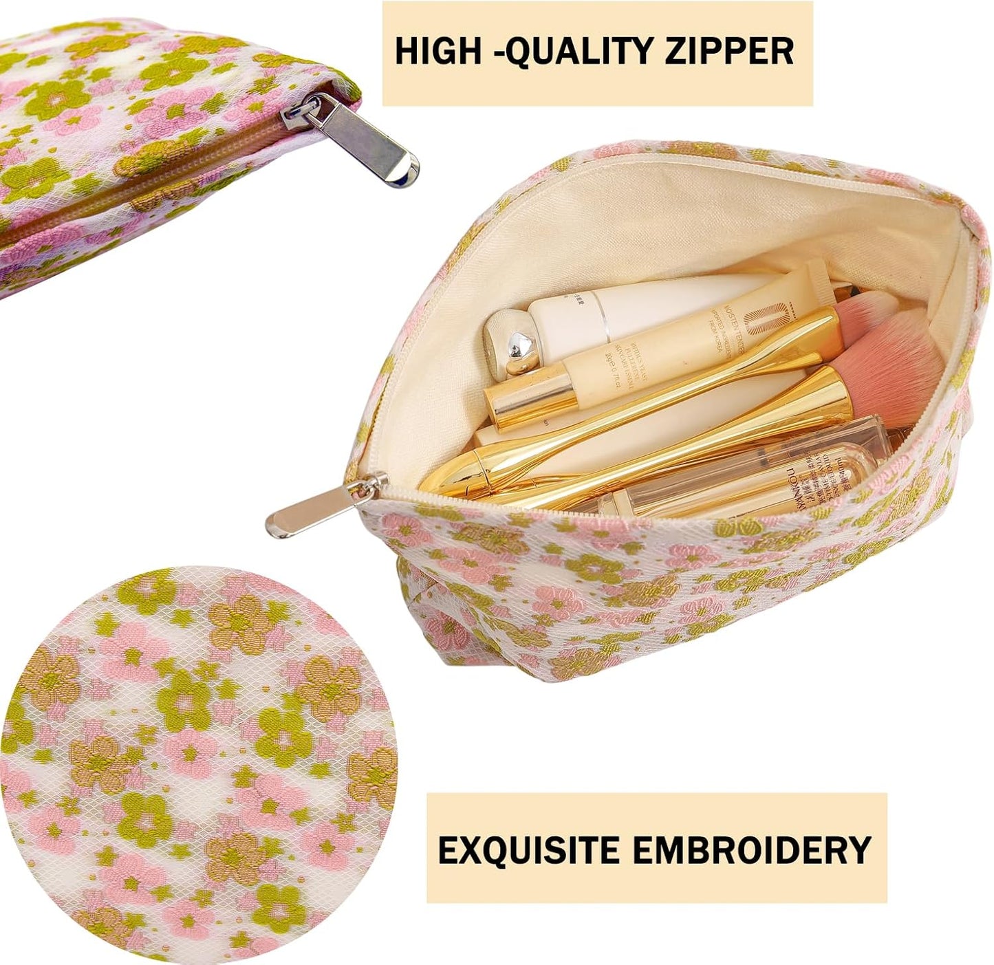 2 Pcs Makeup Bags, Large Cosmetic Bag Travel Toiletry Bag Organizer for Women, Embroidery Craft, Floral Makeup Bag Small Cosmetic Pouch Purse with Zipper Gifts for Girls Teen