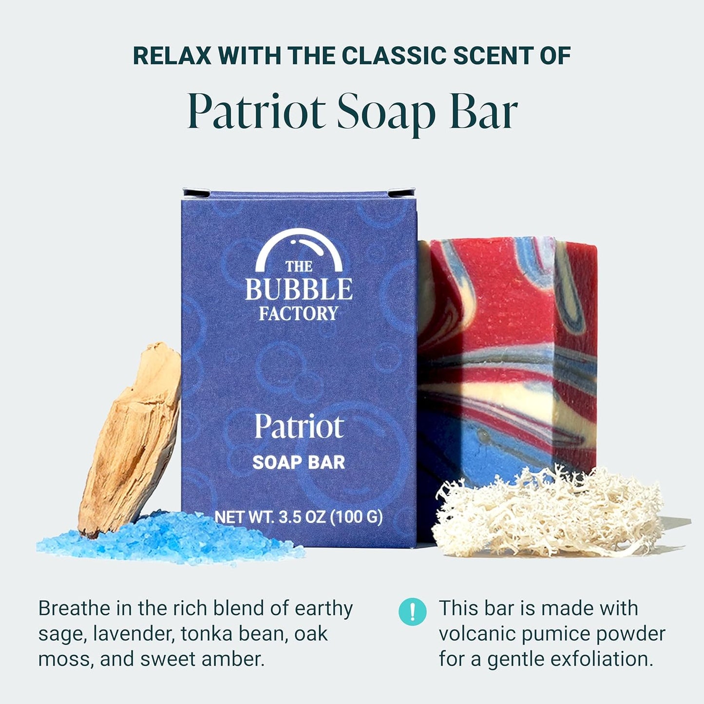 The Bubble Factory Handmade Natural Bath & Body Soap Bar, Vegan, All-Natural, Palm Oil Free, Made in USA with Shea Butter + Essential Oils, Patriot, 3 Bars