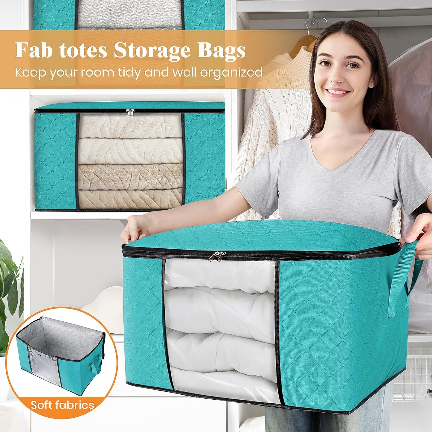 Fab totes 8 Pack Clothes Storage, Foldable Thick Fabric Blanket Storage Bags, Containers for Organizing Bedroom, Closet, Clothing, Comforter,Closet Organization with Handle,Green
