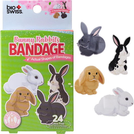 BioSwiss Kids Bandages, Bunny Rabbits Shaped Self Adhesive Bandage Set, Latex Free, Sterile Wound Care, 24 Count