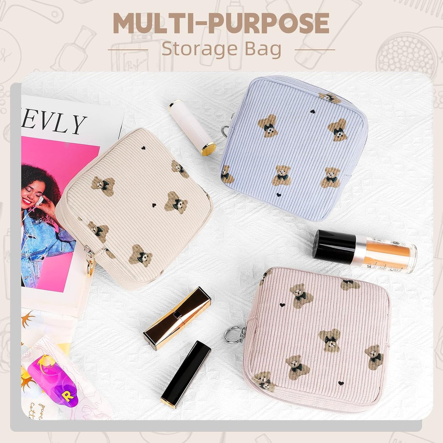 Cute Period Bag for Teen Girls, Bears Corduroy Sanitary Napkin Storage Bag, Menstrual Pad Pouch Tampon Holder for Purse (Blue)