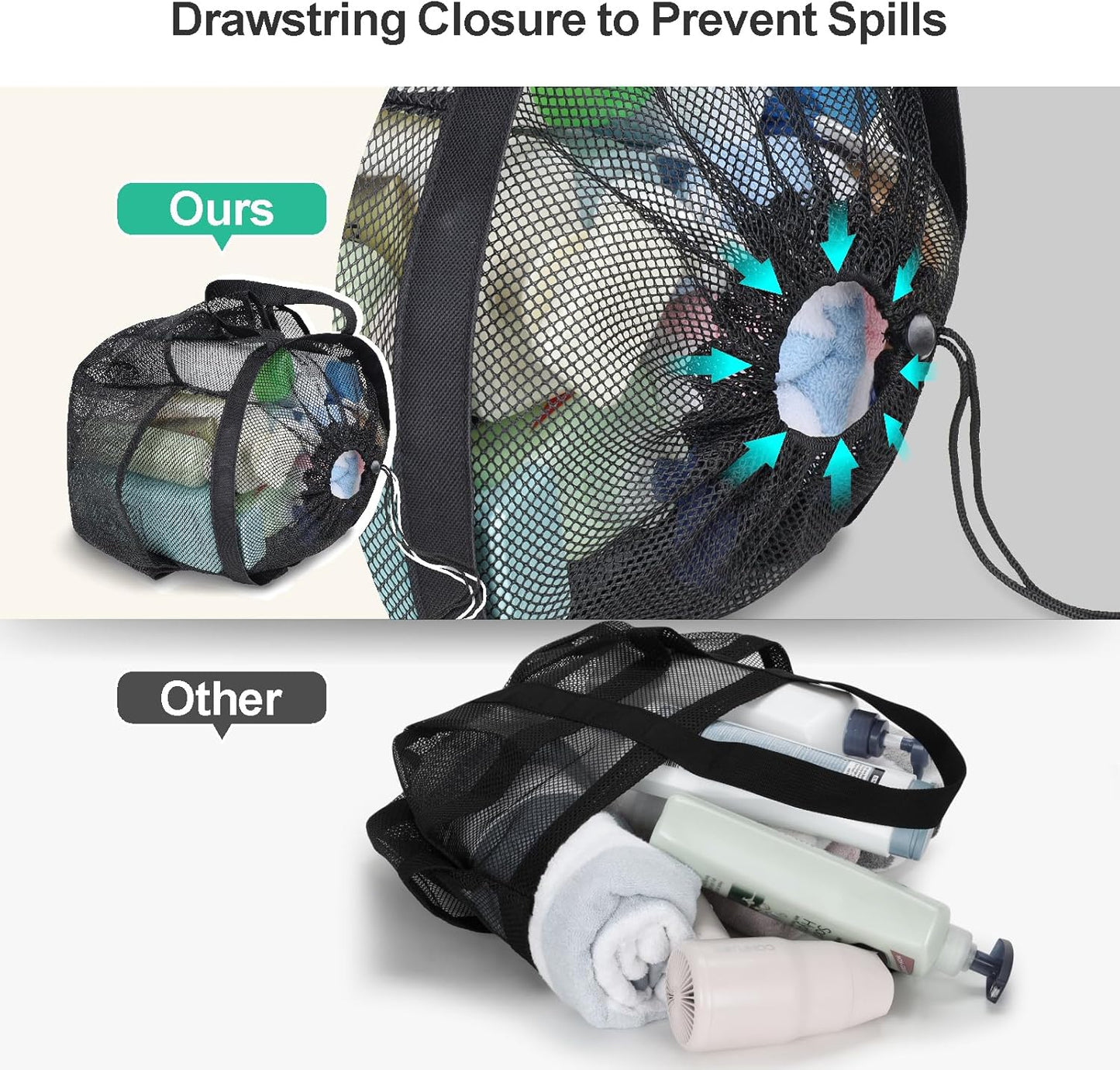 F-color Mesh Shower Caddy Portable with Drawstring - Upgrade Deeper 7 Pockets Dorm Room Essentials for Guys Girls with S Hook, Shower Bag Basket Tote for College Camping Toiletry Bathroom, Black