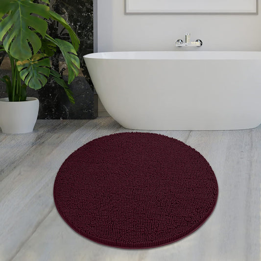 MAYSHINE Round Area Rug Set for Bathroom | Soft Plush Chenille Bath Mat, Water Absorbent Non-Slip Bathroom Rug | Washable Shag Carpet for Shower, Bedroom, or Home Décor | 36"x36" Round | Burgundy