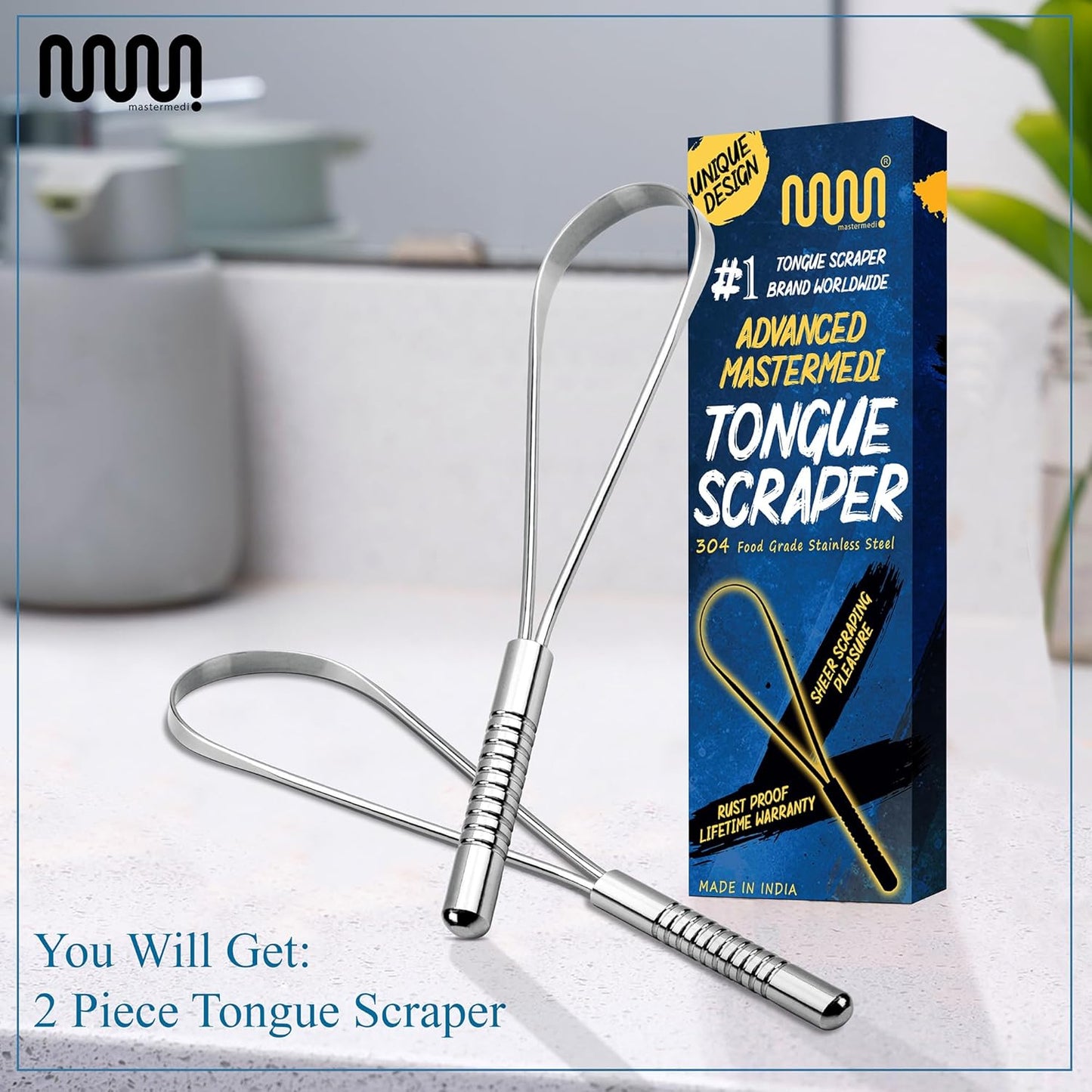 MasterMedi Tongue Scraper for Adults, 100% Stainless Steel Tongue Scrubber for Bad Breath, Easy to Use, Tongue Cleaner for Oral Care & Hygiene (SS Uni|Pack of 2)