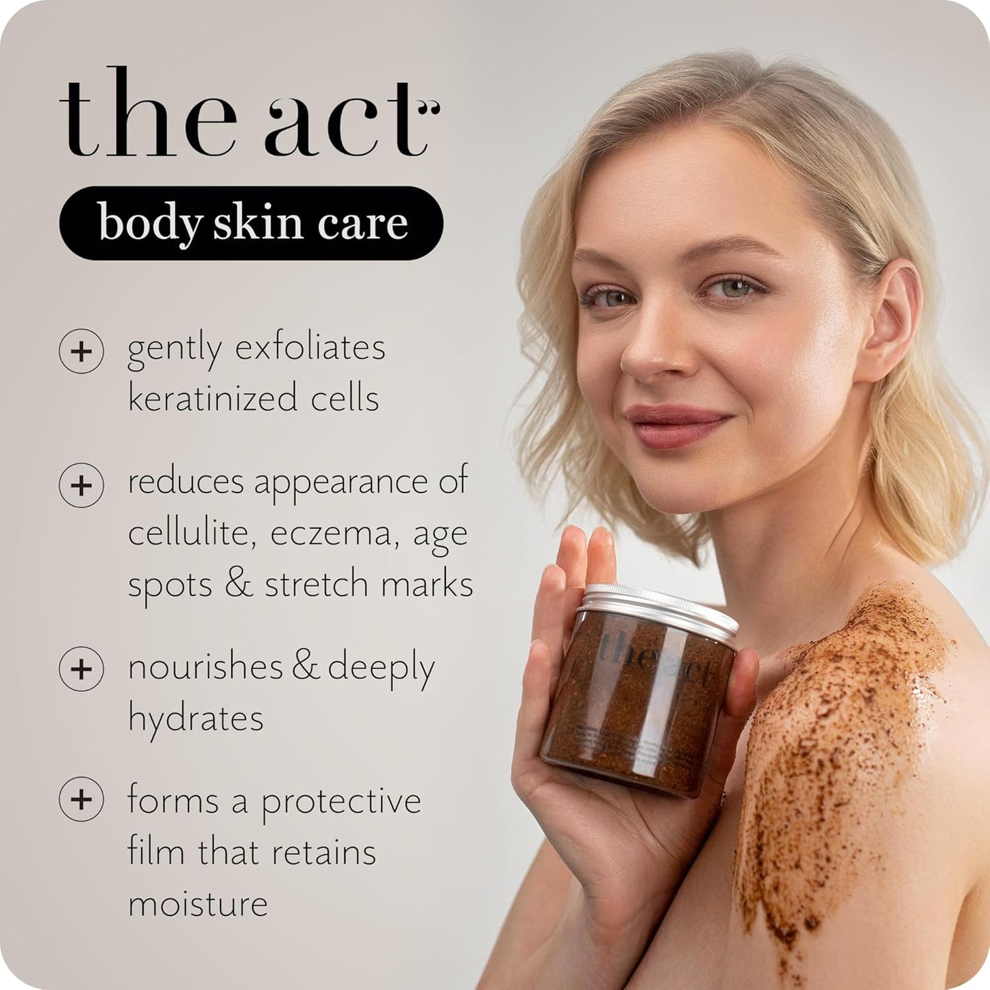 THE ACT Coffee Body Scrub with Salt & Cocoa – Exfoliating Scrub for Cellulite, Stretch Marks, Ingrown Hair – Organic Moisturizing Body Scrub with Vitamin E & Menthol – Gift for Women & Men, 10.58 Oz