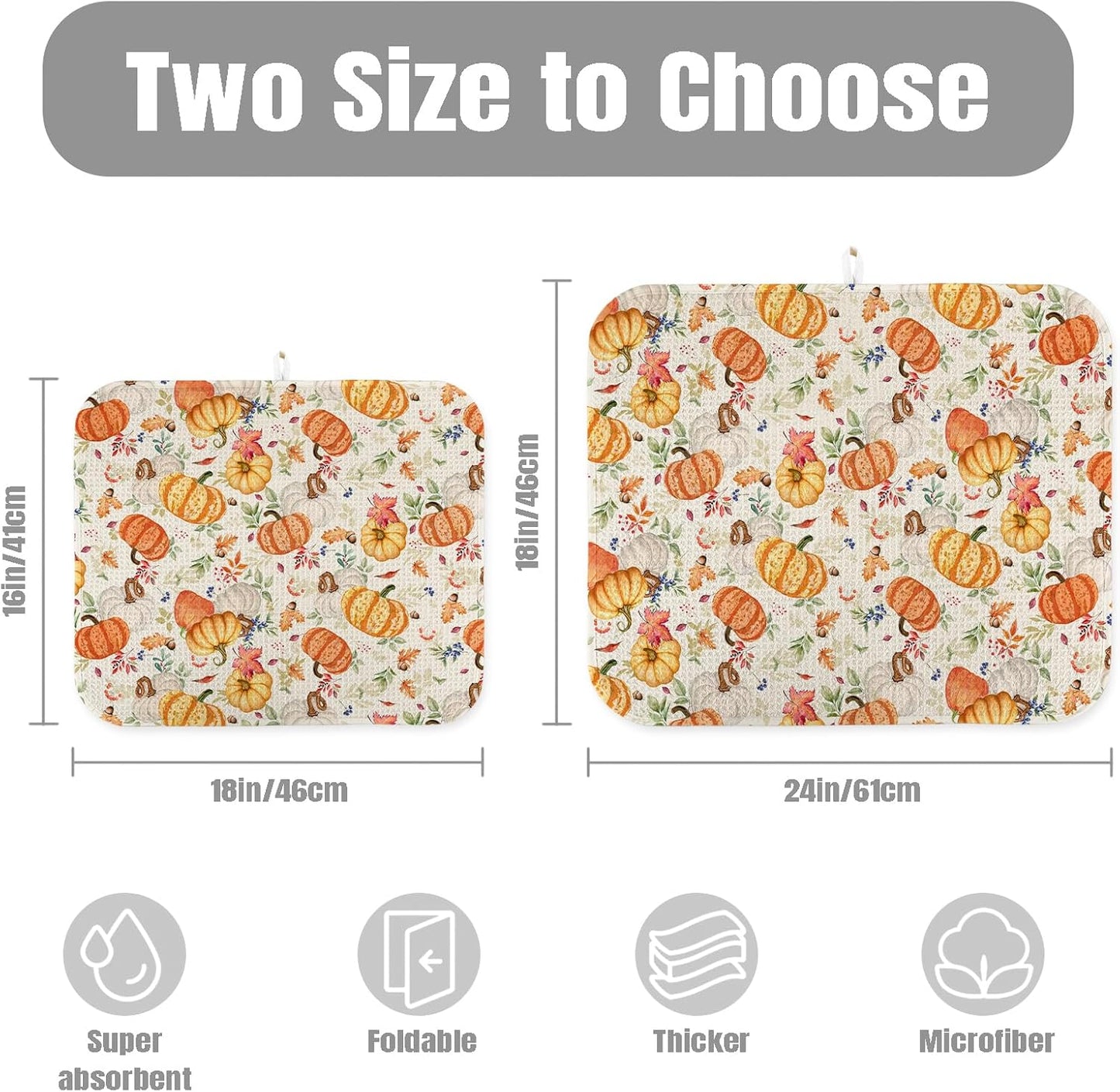 Dish Drying Mat for Kitchen Counter Large 18" x 24" Fall Pumpkin Absorbent Microfiber Dishes Drainer Rack Mats Pad Reusable Washable