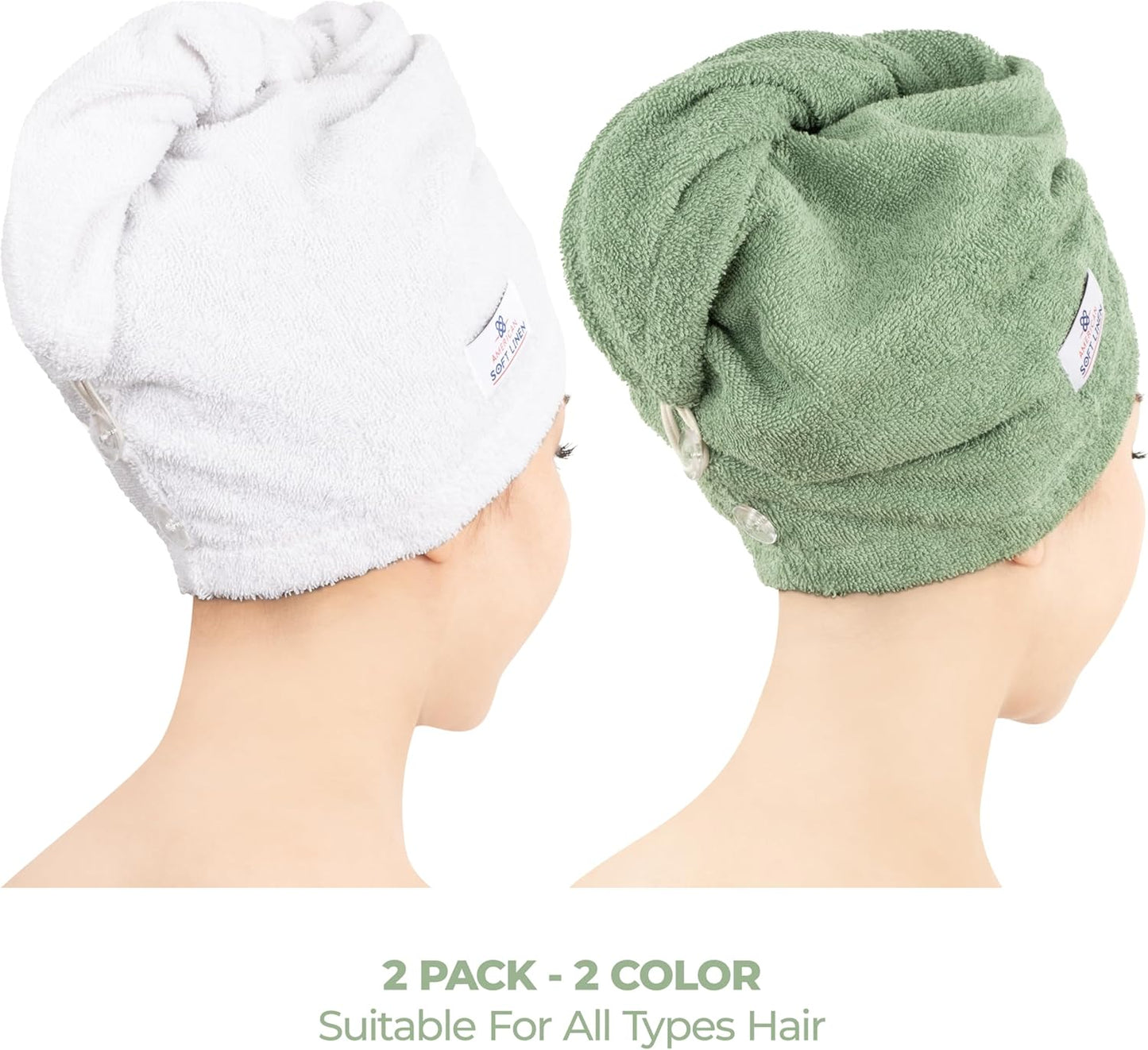 American Soft Linen 100% Cotton Hair Towels for Women, Head Towel Cap, Cotton Hair Turban Towel Wrap for Hair, Soft and Absorbent Cotton Hair Towels 2 Pack, White-Sage Green
