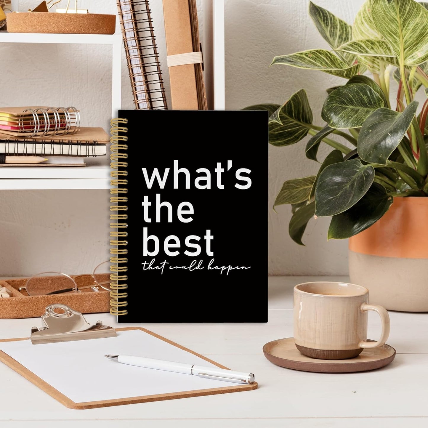 Motivational Positive Affirmations Journal Notebook, Inspiring School Office Supplies, What's the Best That Could Happen Hardcover Spiral Notebook 5.5x8.3 Inch