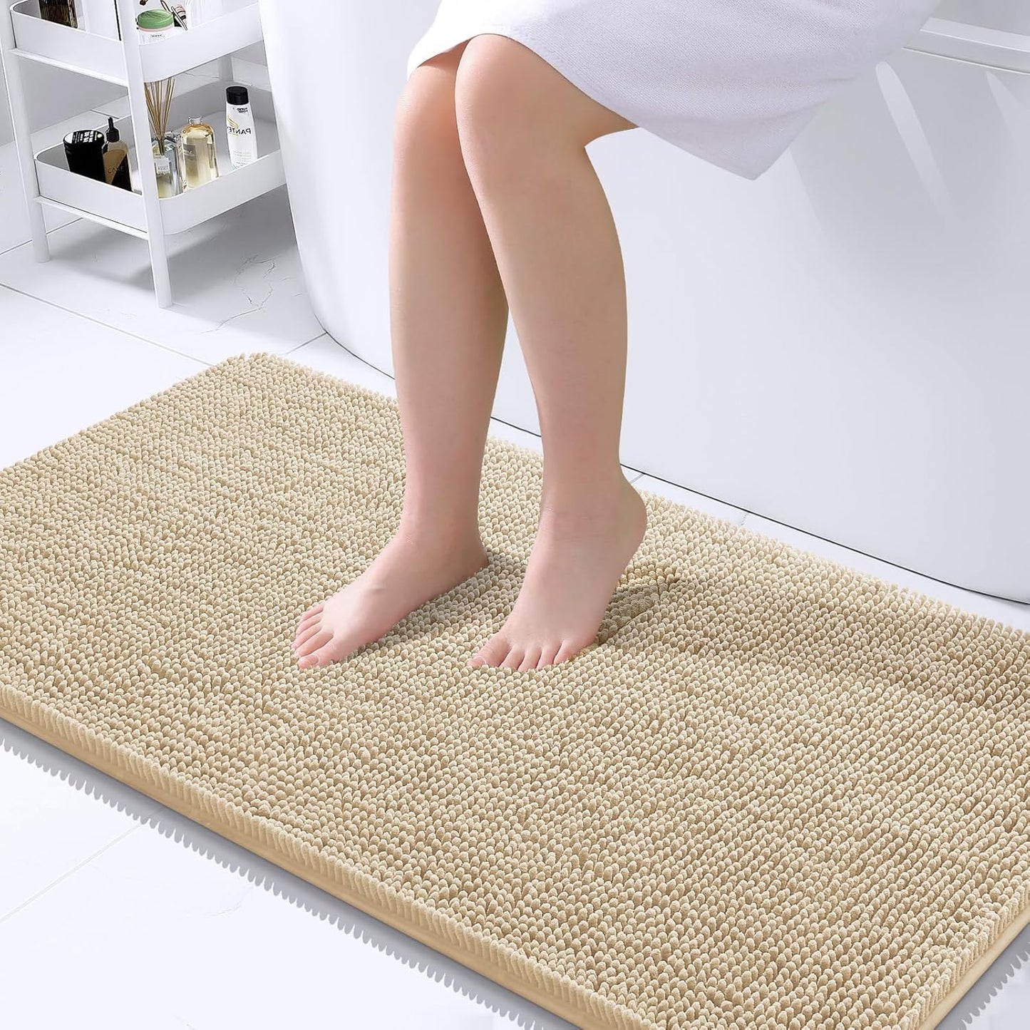 OLANLY Bathroom Rugs 45x27, Extra Soft Absorbent Chenille Bath Rugs, Rubber Backing Quick Dry, Machine Washable Bath Mats for Bathroom Floor, Tub and Shower, Home Decor Accessories, Beige