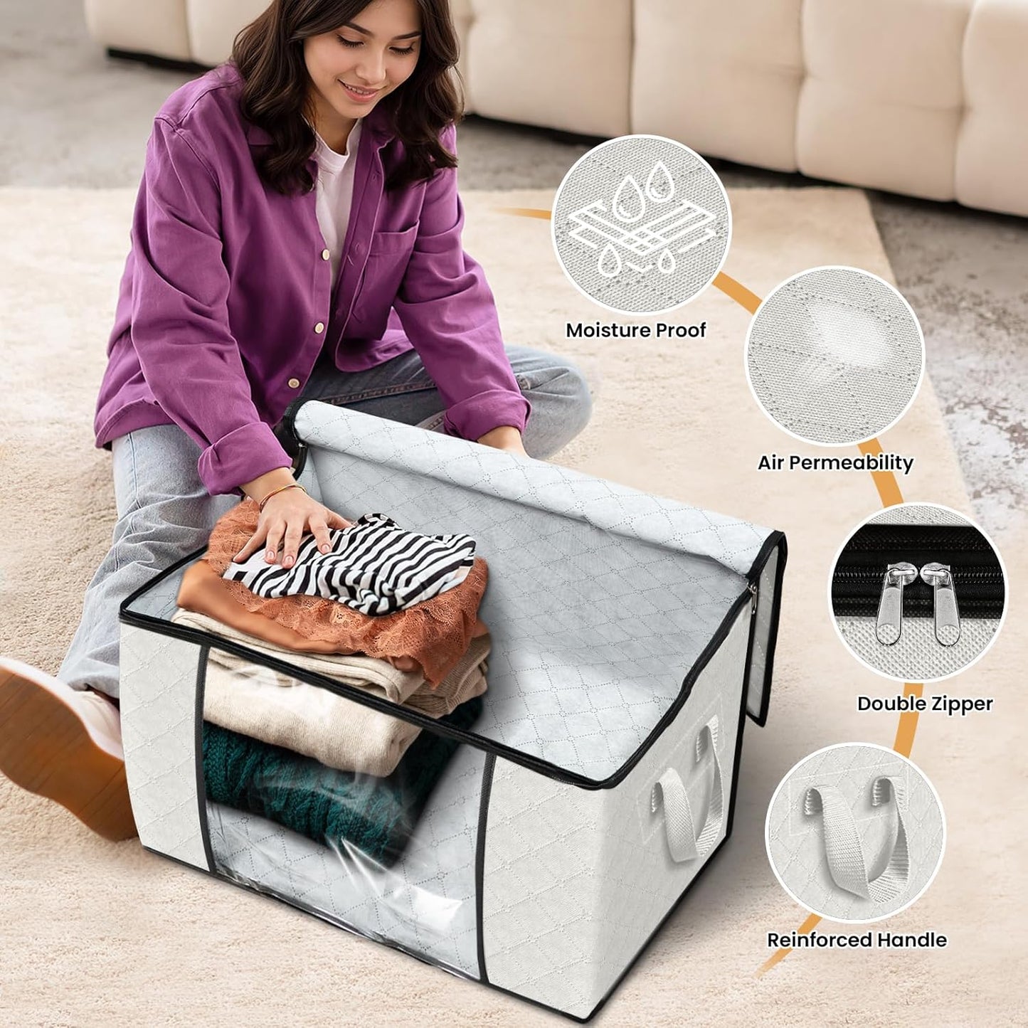 Fab totes 24 Gallons Clothes Storage, Foldable Thick Fabric Blanket Storage Bags, Containers for Organizing Bedroom, Closet, Clothing, Comforter, Organization with Handle (10 Pack,Ivory)