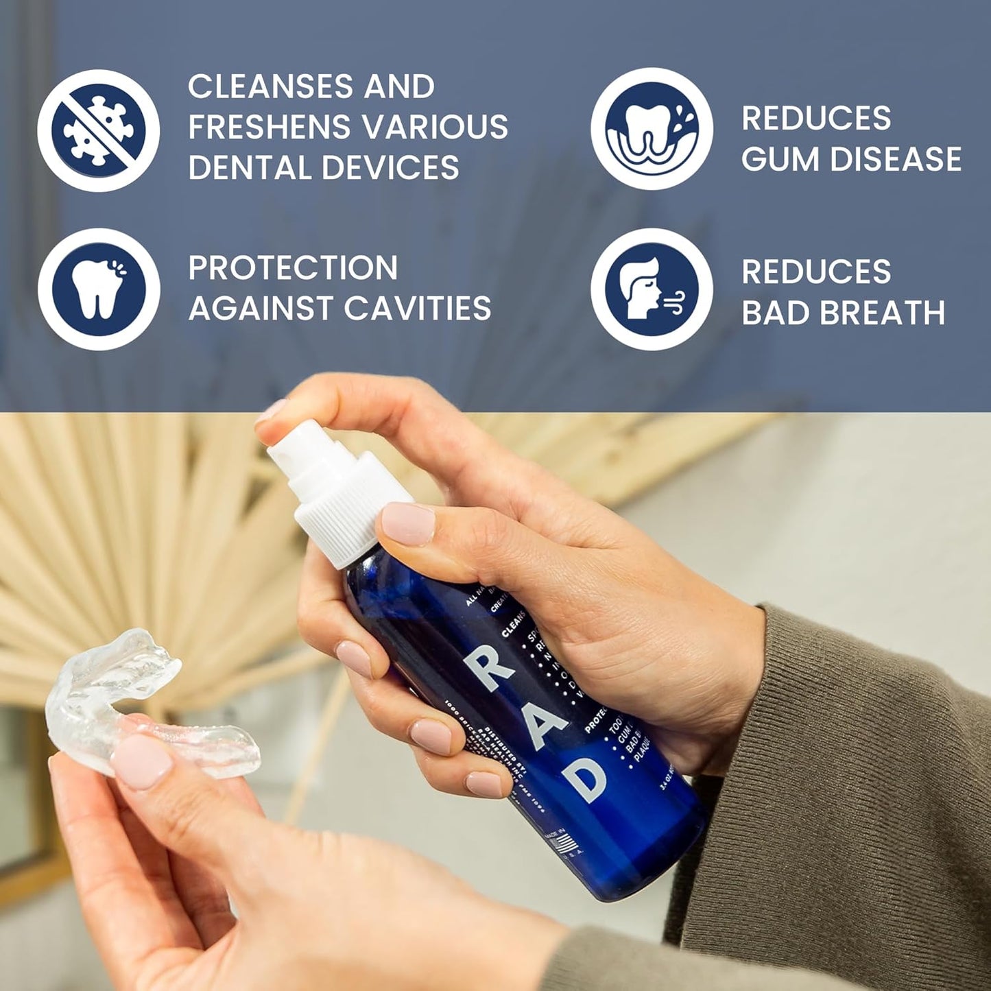 RAD FRESH – Natural Mouth Guard Cleaner with Food-Grade Hydrogen Peroxide, Easy-to-Use, No-Rinse Formula for Retainers, Aligners, Dentures & More – 2 Pack, 3.4 oz