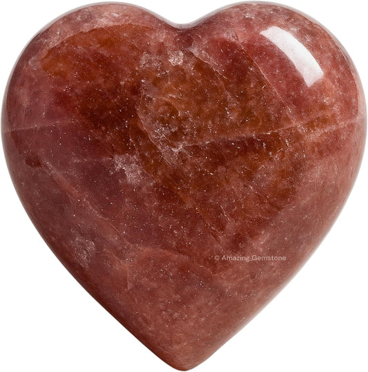 Strawberry Quartz Crystal Heart Palm Stone - Pocket Massage Worry Stone for Natural Body Chakra Balancing, Reiki Healing and Crystal Grid