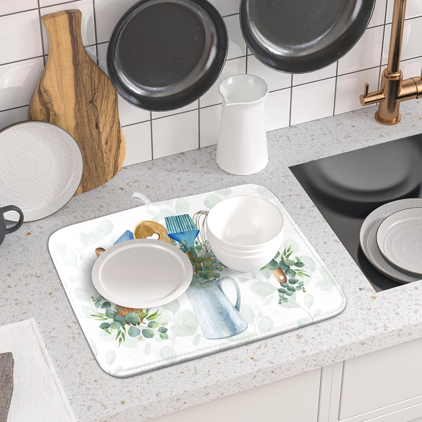 Sage Green Dish Drying Mat for Kitchen Counter, Cooking Supplies Reversible Dish Drainer Rack Pad Fast Dry Kitchen Accessories 16x18 Inch