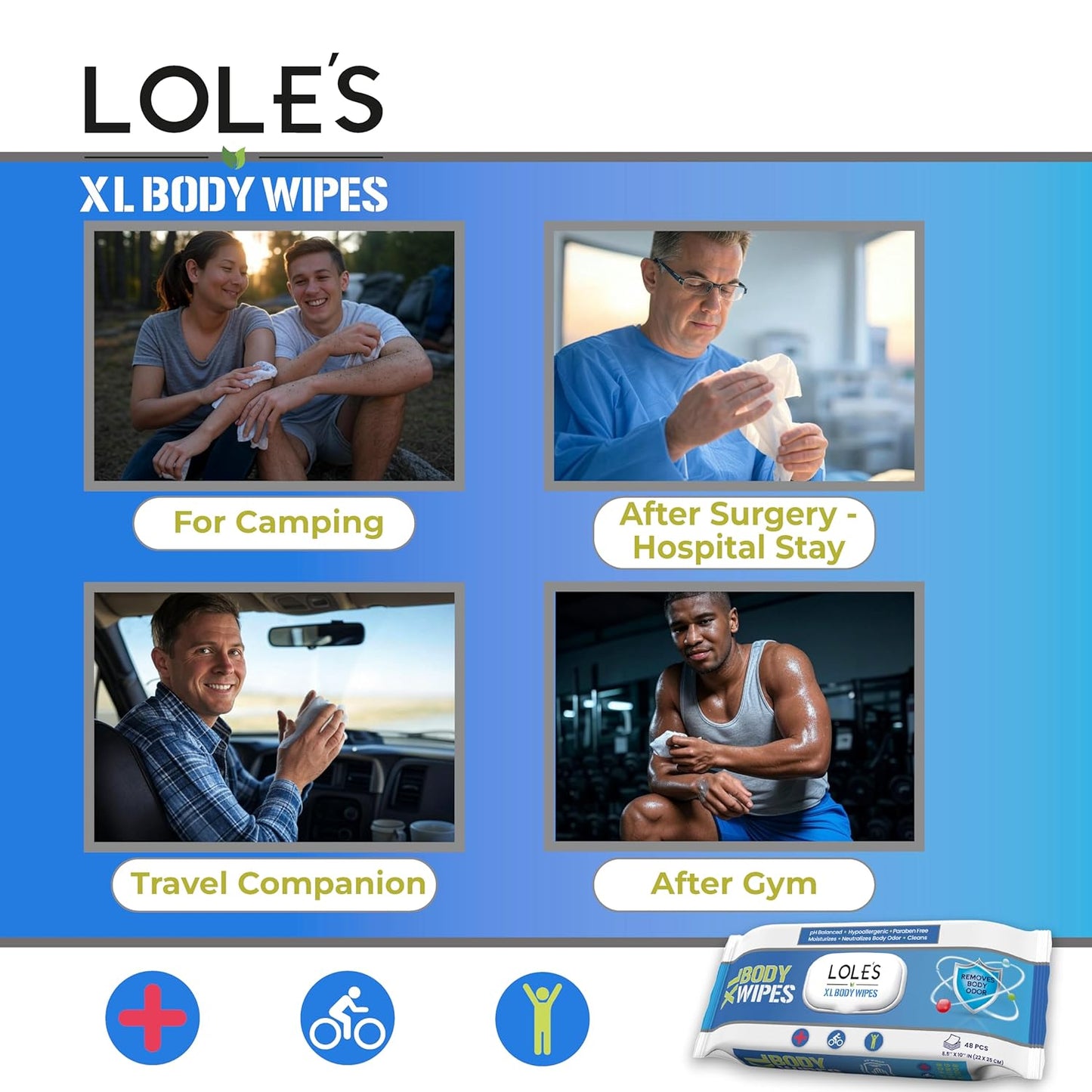 LOLE'S Body Wipes for Adults Bathing No Rinse XL – Bath Wipe for Adult - 96 Count - 2x48, Extra Large – Shower Wipes – Camping, Travel, Gym, Elderly Care, Women & Men – Fresh & Moisturizing