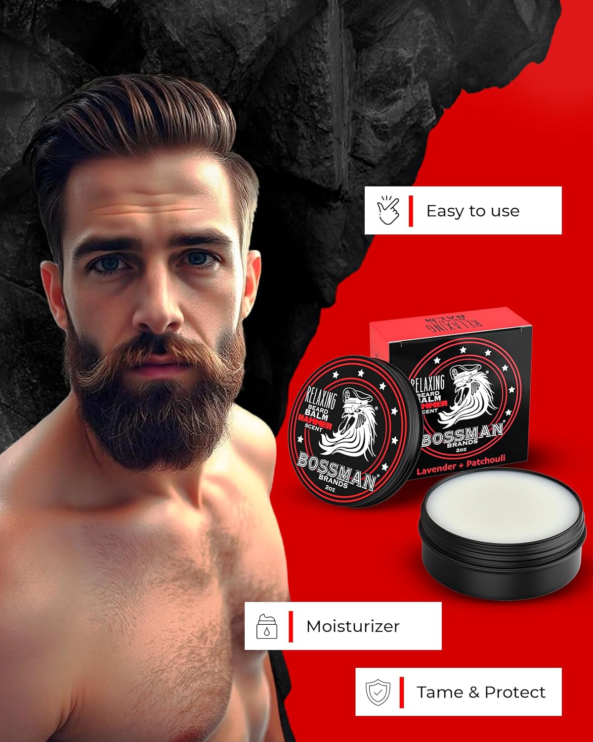 Bossman Relaxing Beard Balm - Beard Tamer, Relaxer, Thickener and Softener Cream - Made in USA (Hammer Scent)