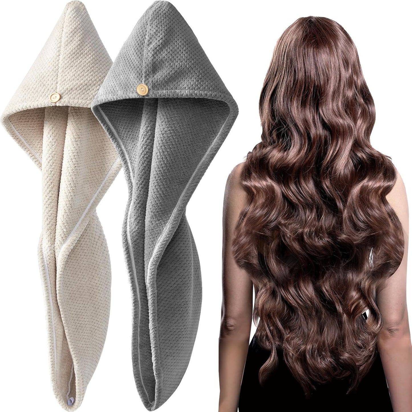 YFONG 2 Pack Large Microfiber Hair Towel Wrap, Super Absorbent Quick Dry Hair Turban for Drying Long Thick Curly Hair, Anti Frizz, Drying Towel with Button