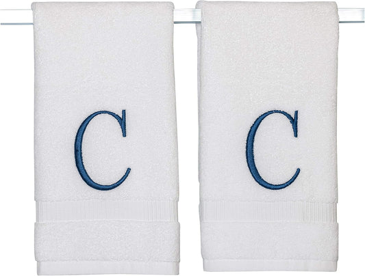 Monogrammed Hand Towels for Bathroom - Luxury Hotel Quality Personalized Initial Decorative Embroidered Bath Towel for Powder Room, Spa - GOTS Organic Certified - Set of 2 Navy Letter C