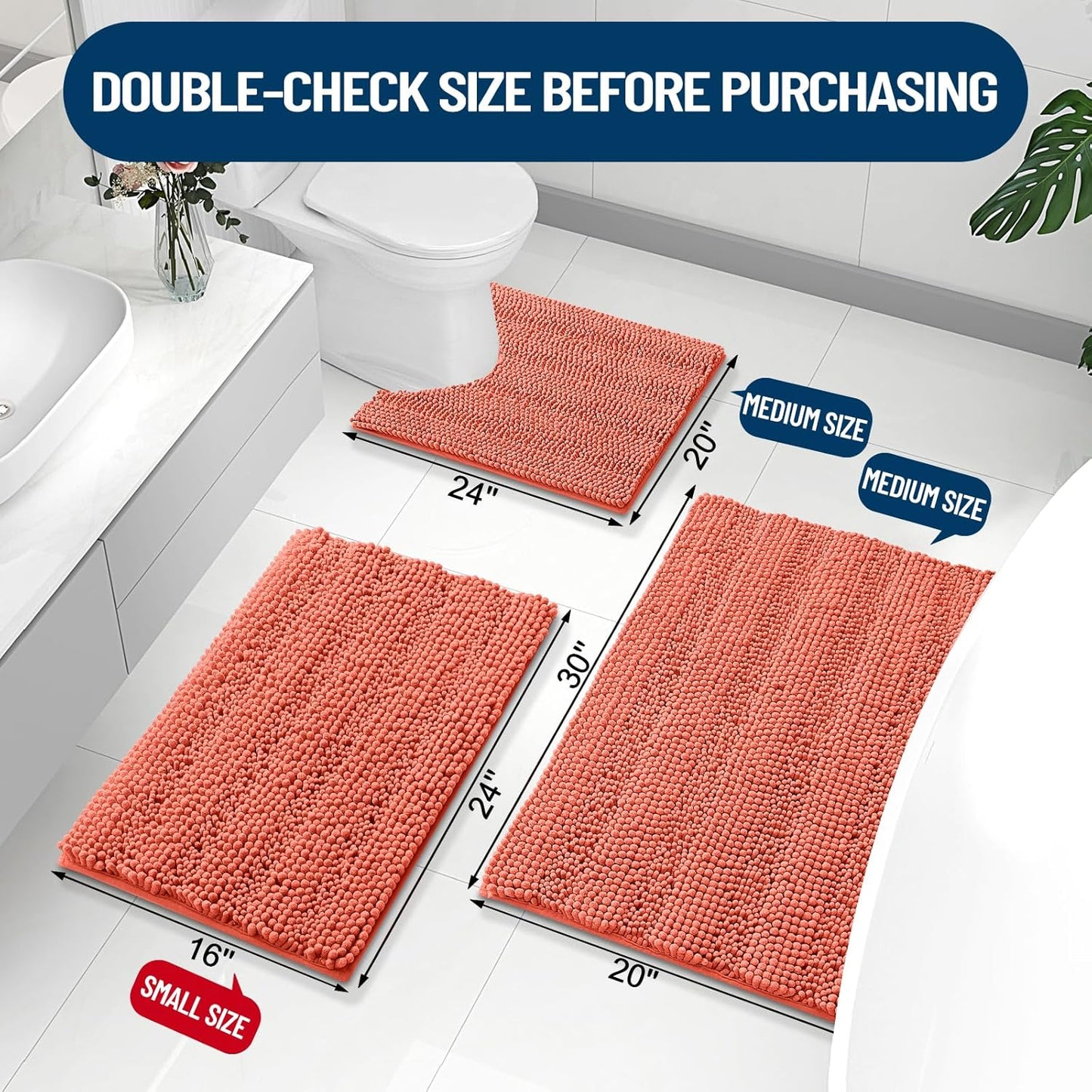 Grandaily Chenille Striped Bathroom Rugs 30x20, Extra Thick and Absorbent Bath Mats, Non-Slip Soft Plush Shaggy Shower Carpet, Machine Wash Dry, Bath Rug for Bathroom, (Medium, Coral)