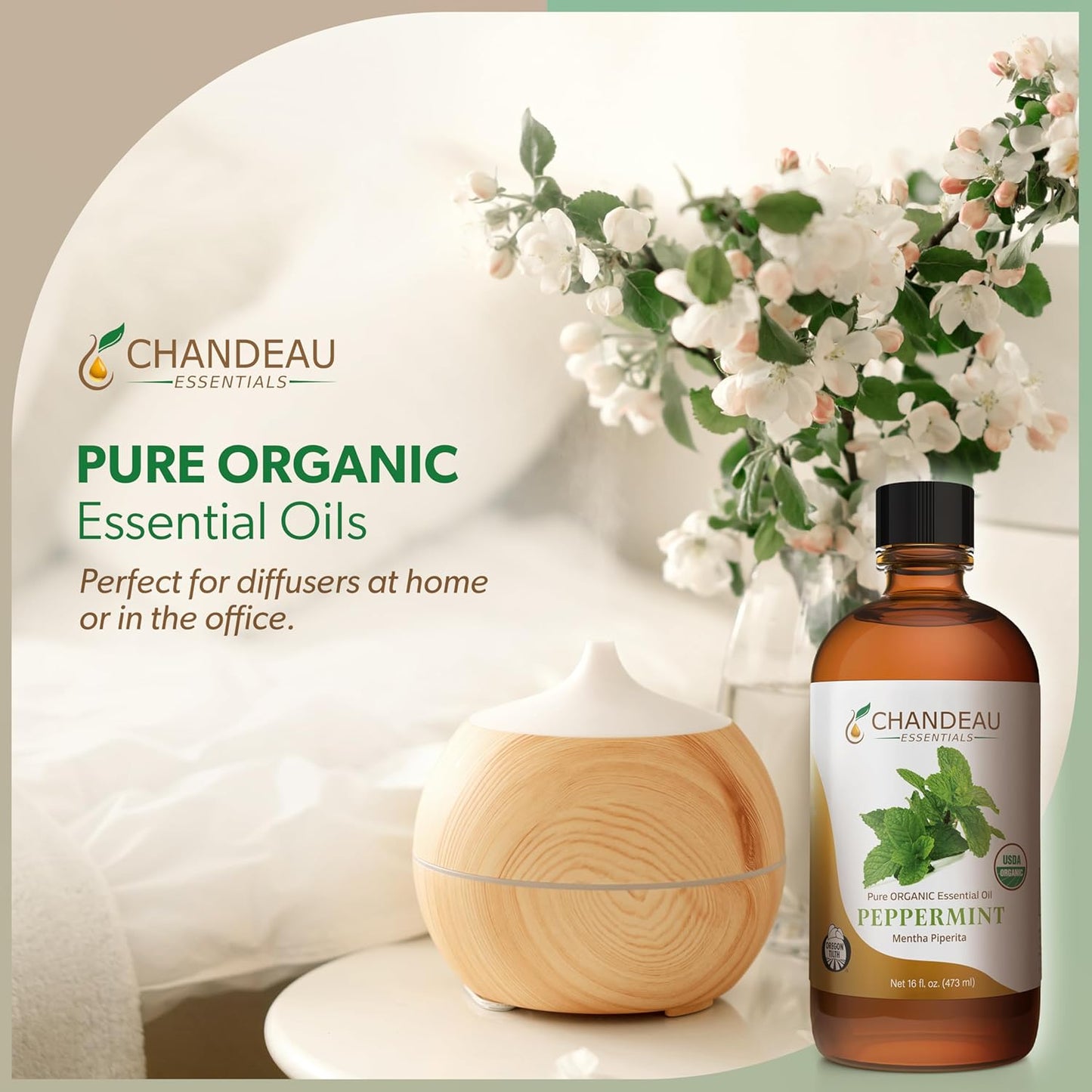 100% Pure Organic Essential Oil, Pure Peppermint Essential Oil for Aromatherapy, Soap Making, Candles, Laundry, Perfume, Cleaners or Diffusers - Large Amber Glass Bottle, 16 oz.