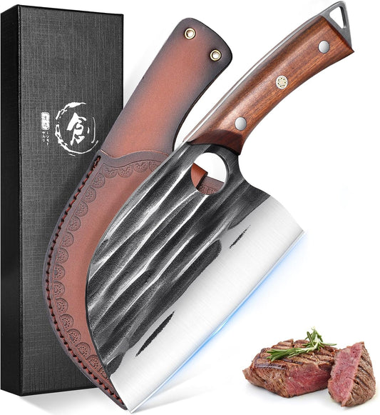 ROCOCO Serbian Chef Knife Butcher Cleaver Knife with Sheath for Kitchen Outdoor BBQ Camping Birthday Father Mother Christmas Gift Men 6.2"