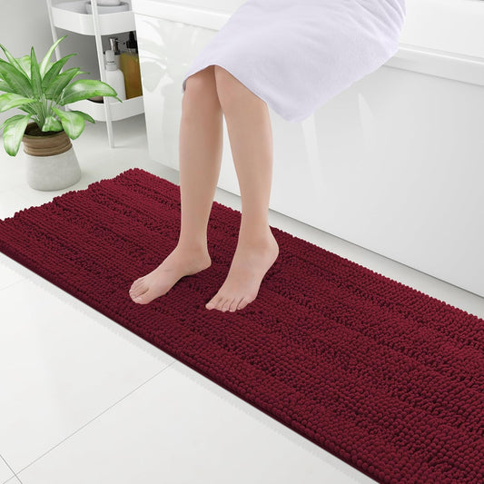 Grandaily Chenille Striped Bathroom Rugs 59x20, Extra Thick and Absorbent Bath Mats, Non-Slip Soft Plush Shaggy Shower Carpet, Machine Wash Dry, Bath Rug for Bathroom, Burgundy