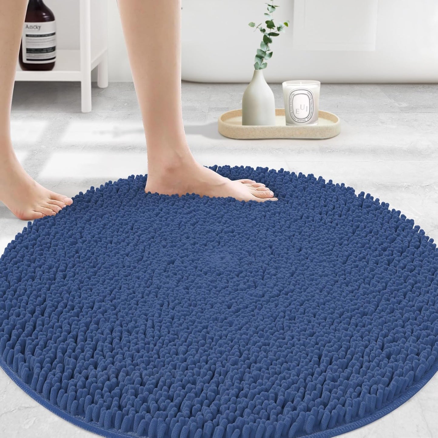 MAYSHINE Round Area Rug Set for Bathroom | Soft Plush Chenille Bath Mat, Water Absorbent Non-Slip Bathroom Rug | Washable Shag Carpet for Shower, Bedroom, or Home Décor | 36"x36" (Round) | Dark Blue