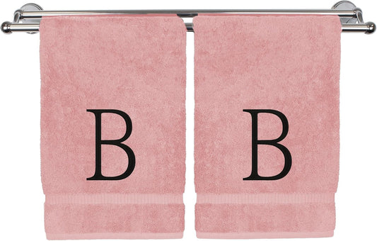 Monogrammed Hand Towel, Personalized Initial Gift, Extra Absorbent 100% Turkish Cotton - Soft Terry Finish - Set of 2 - Black Block Initial B - Embroidered on Pink Towels