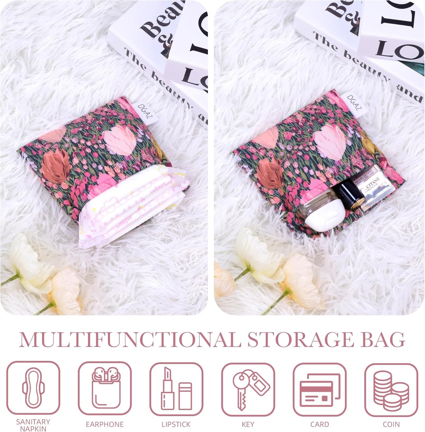 DGAZ Sanitary Napkin Storage Bag, Period Bag for Teen Aged Girls, Portable Period Bag for Panty Liners/Menstrual Cup/Small Tampons，Mini Makeup Bag for Purse(Blooming Tulips)