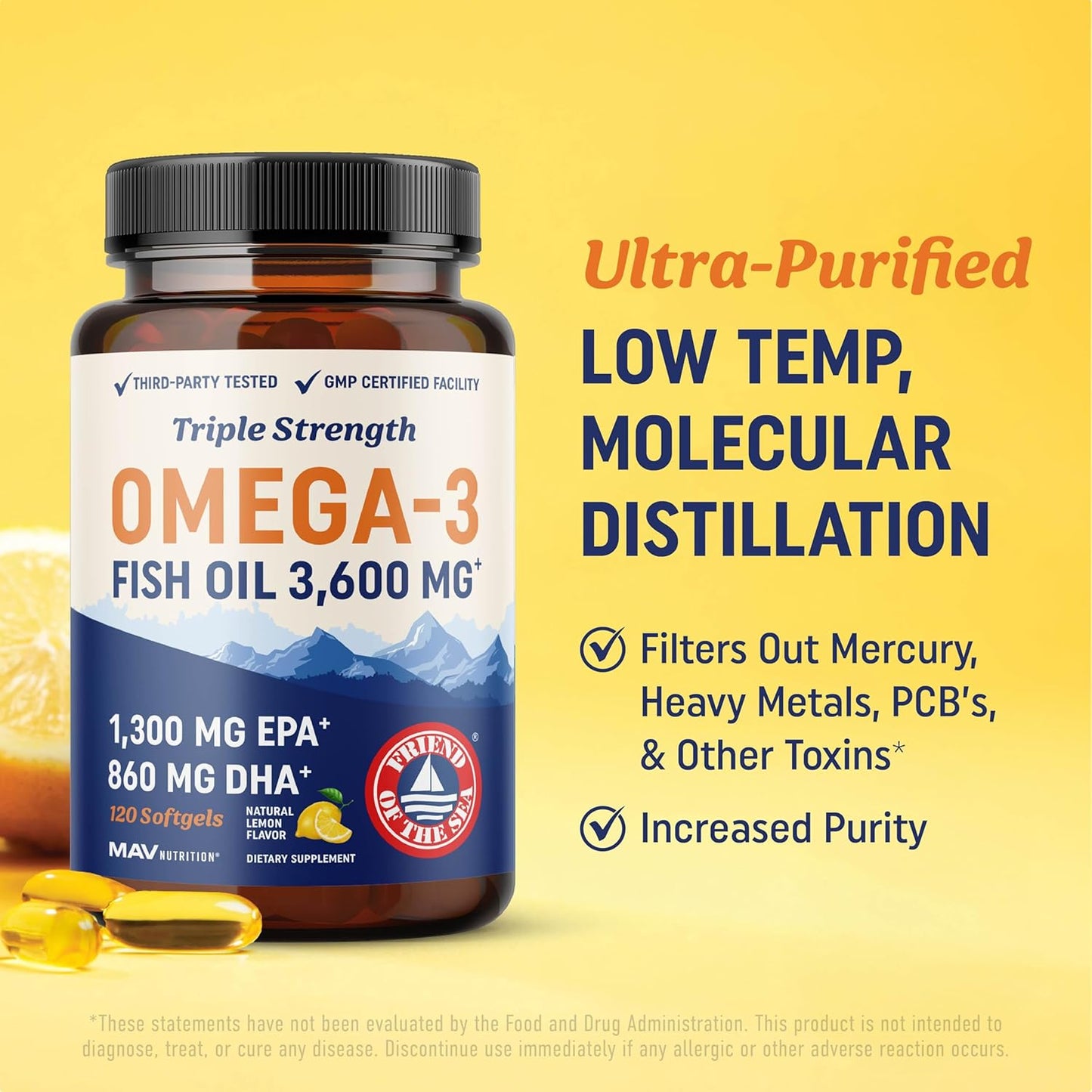 Triple Strength Omega 3 Fish Oil | 3600 mg EPA & DHA | Over 2100mg of Omega 3 Fatty Acids | 1300mg EPA + 860mg DHA | Best Essential Fatty Acids | Premium Burpless Softgel Supplements (120 Ct)
