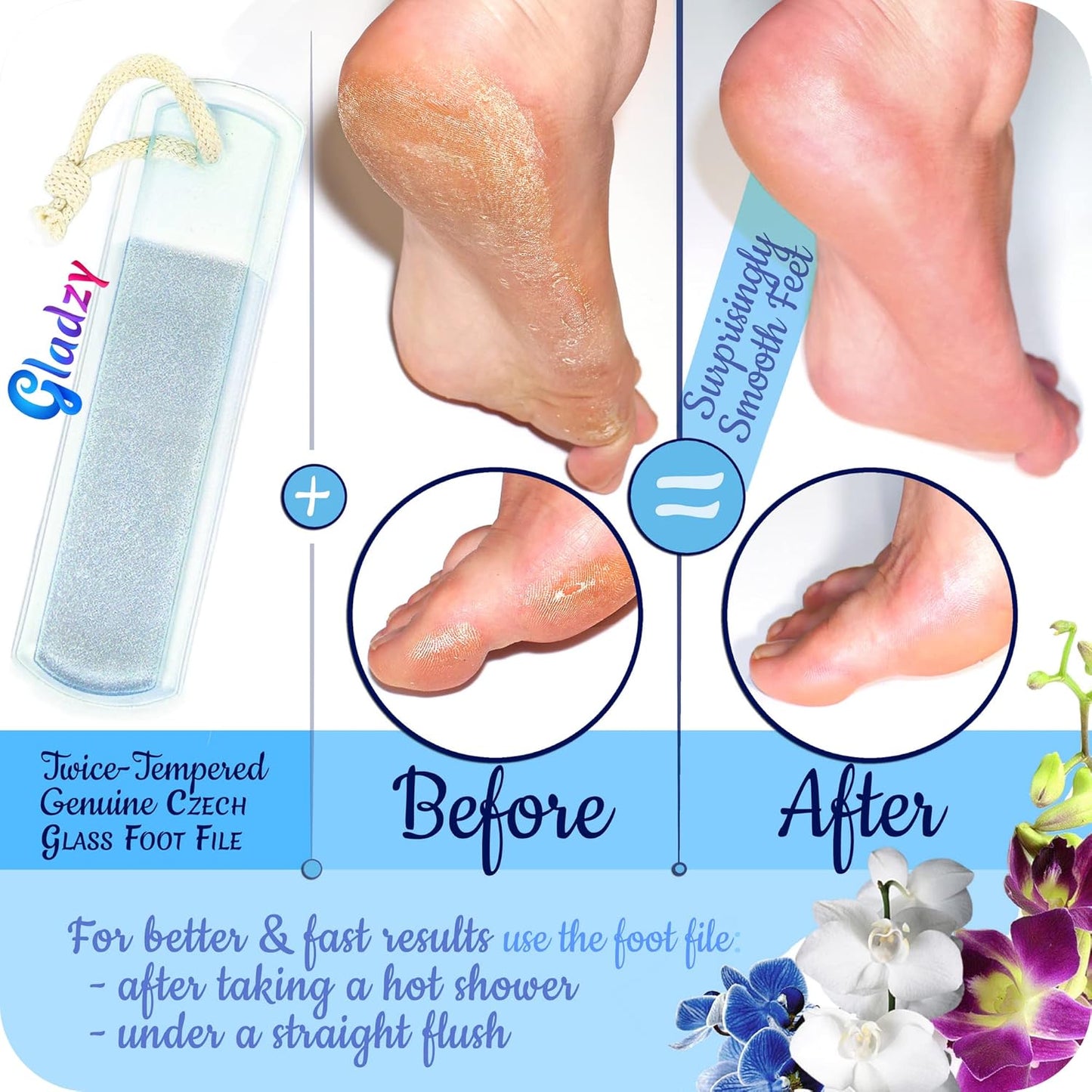 Genuine Czech Glass Foot File - Two-Sided Different Grit Surface, Gentle Callus Remover, Pedicure & Spa Rough Skin Scrubber, Professional Toenail and Heels Care, EU Quality, Large Size
