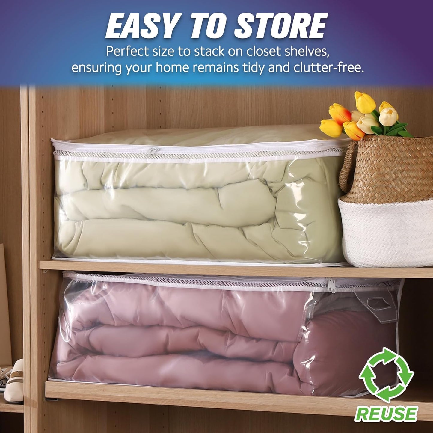 HIBAG 20 Gallon Large Storage Bag for Clothes, Zipper Clothing Storage Bag, Clear Organizer with Reinforced Handles, for Comforters Blankets Pillows Bedding (2 Pack)