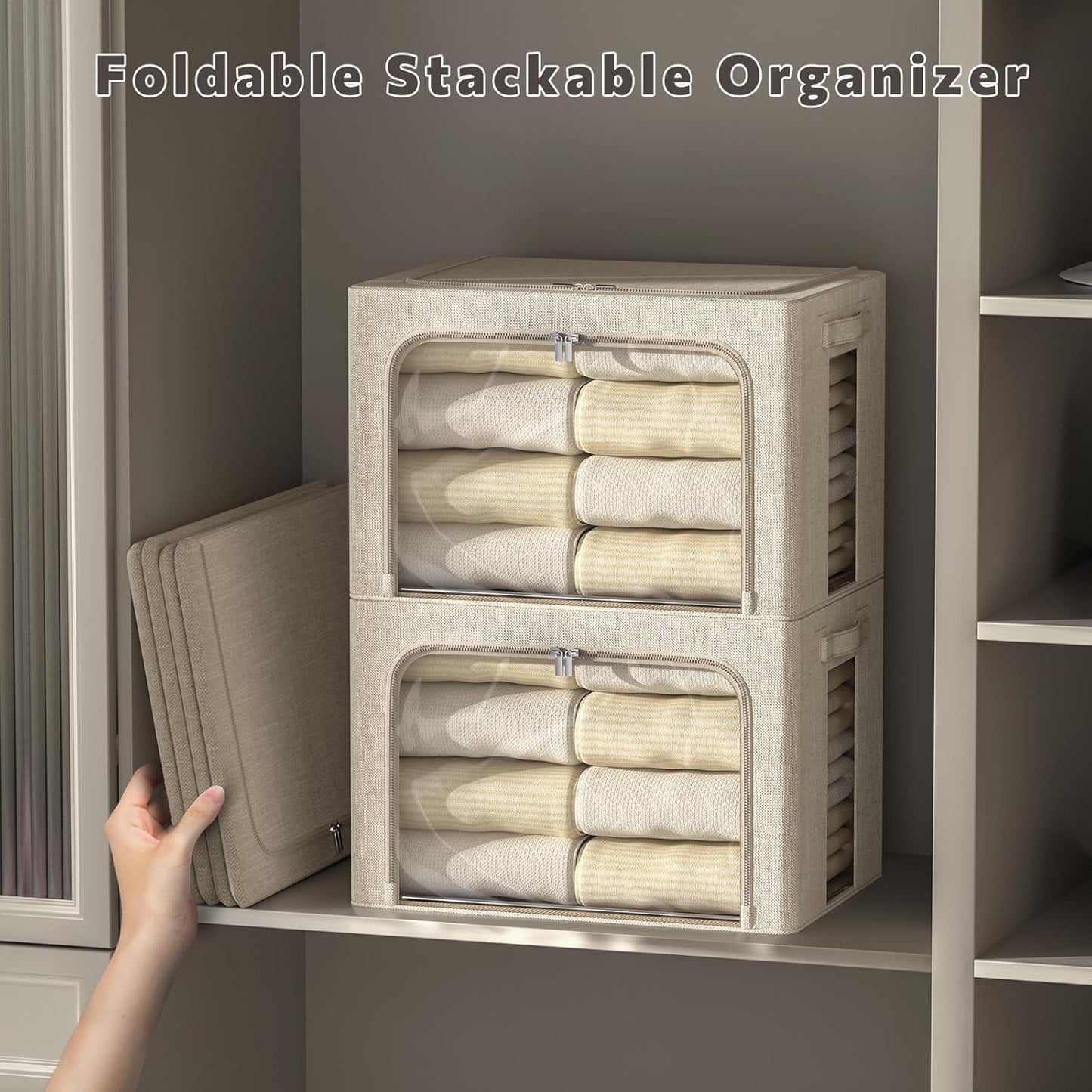 FHSQX 6 Pack Clothes Storage Bins with Metal Frame Foldable Storage Bins for Clothes Linen Fabric Storage Box with Clear Window (Beige, 15.7x11.8x7.8inch(22L))