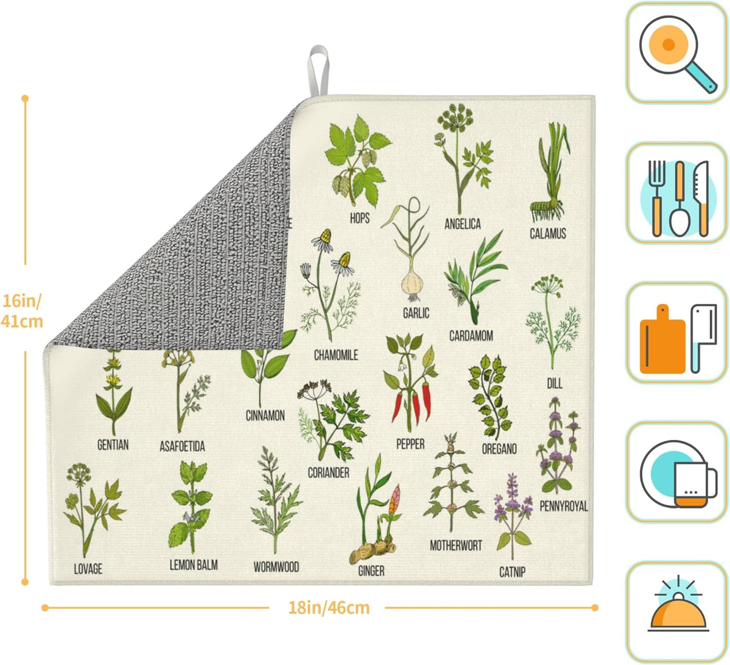 Cute Herbs Botanic Garden Plants Dish Drying Mat for Kitchen Counter Washable Absorbent Reversible Microfiber Drying Pad Kitchen Accessories 16"x18"