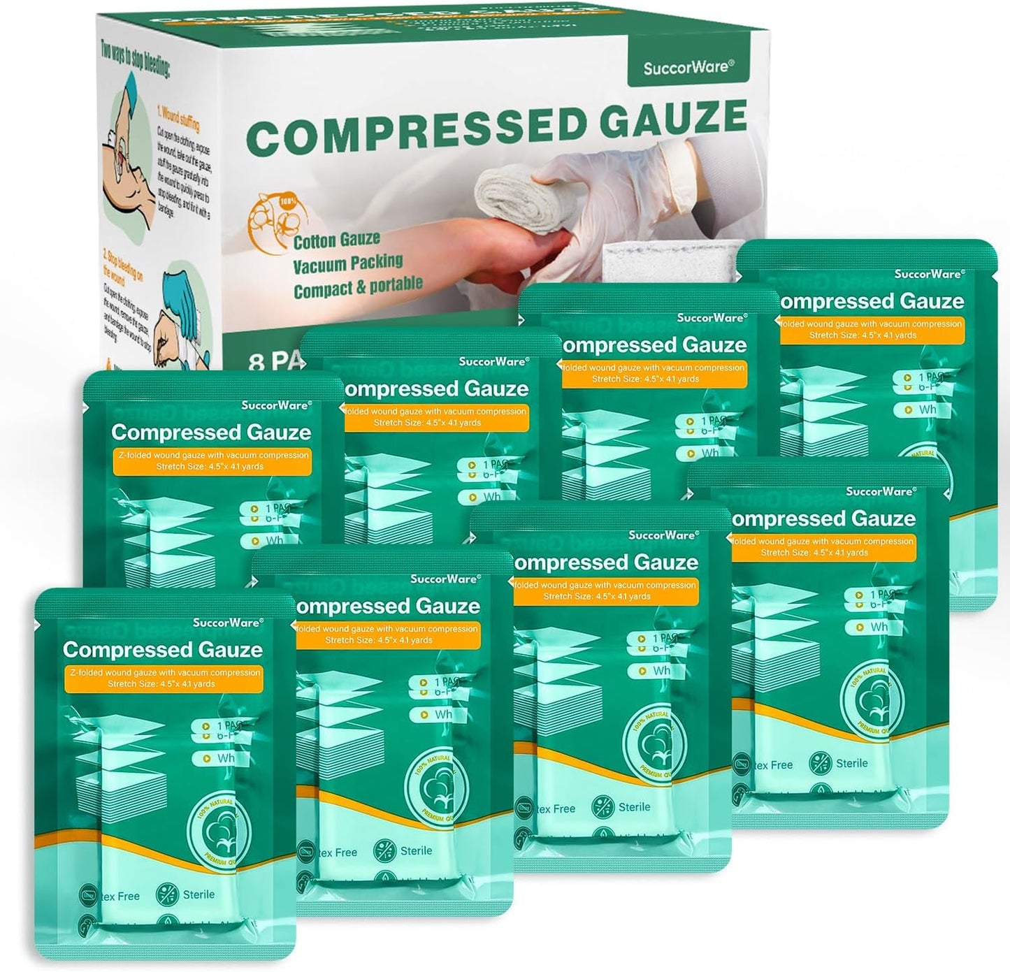 8 Packs Sterile Compressed Gauze with Z-Folded - Wound Gauze for Bleed Stop, 4.5" x 4.1 Yards, 6-Ply - for First Aid Kit,Medical Trauma Kit, IFAK Supplies Refill