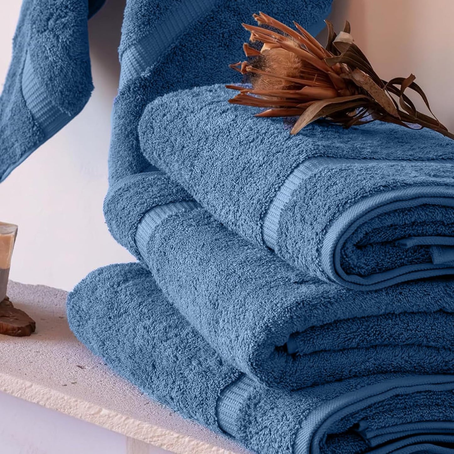 SALBAKOS 100% Turkish Cotton Bath Towel Set of 4 27x54 inch | Heirloom Quality | Hotel & Spa Collection | Ultra Soft, Super Absorbent, Long Lasting Bath Towels | Made in Turkey (Blue, 4 Bath Towels)