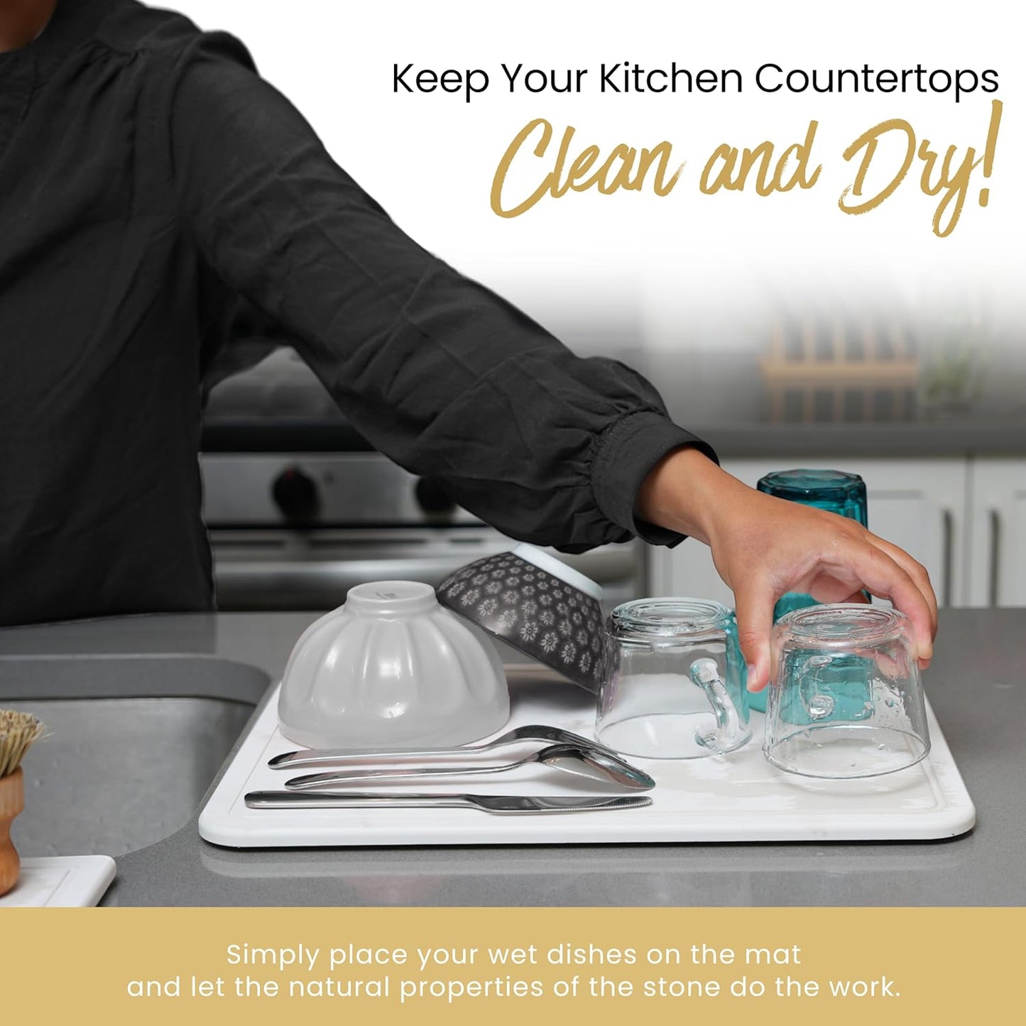 Stone Drying Mat For Kitchen Counter - 11.8" x 15.7" Water Absorbing Stone tray For Sink, Metal Rack and Kitchen Sink Caddy | Diatomaceous Earth Food Grade | Drying Stone For Kitchen counter