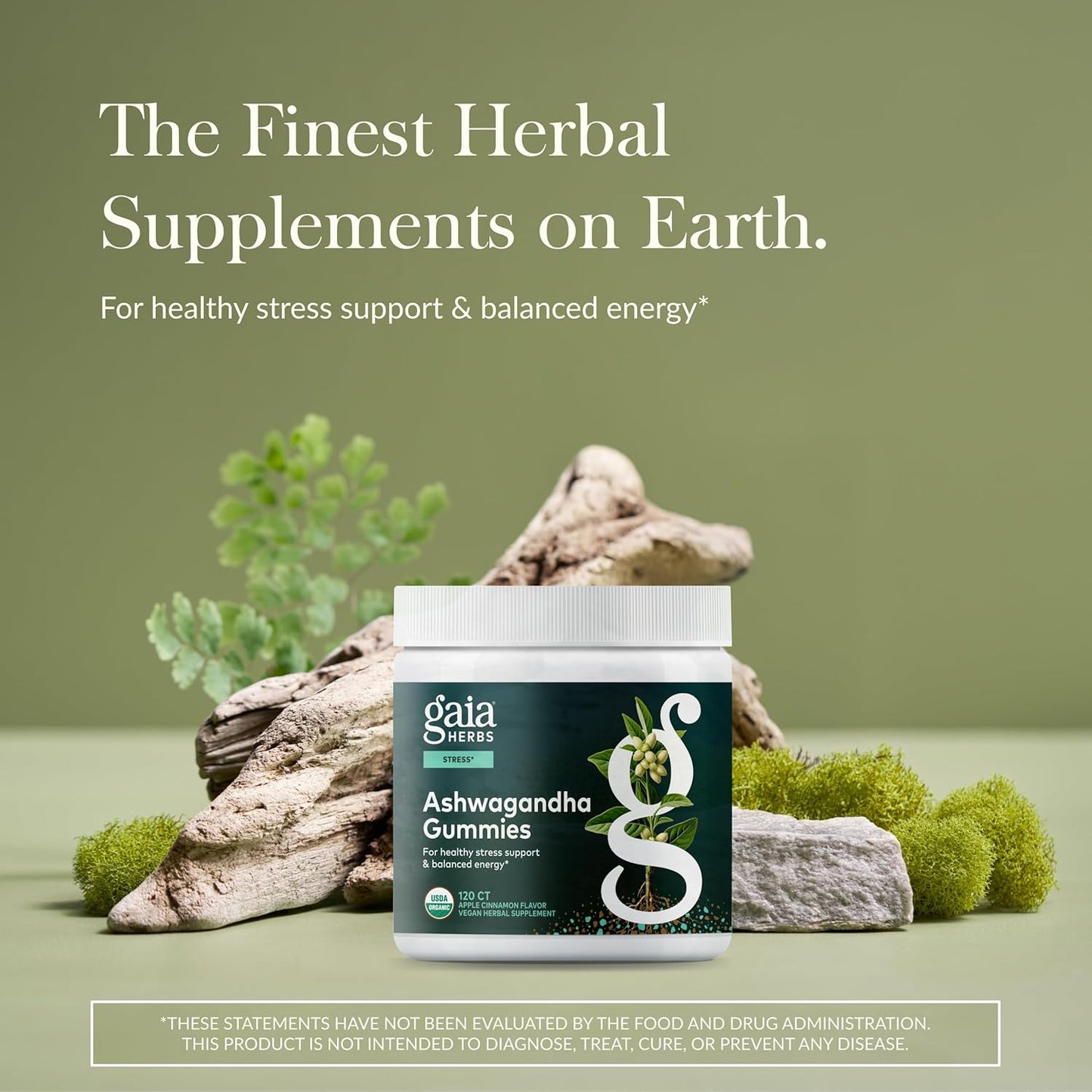 Gaia Herbs Organic Ashwagandha Gummies, Stress Support, Cinnamon, Ginger, Gluten Free, Vegan, 120 Count