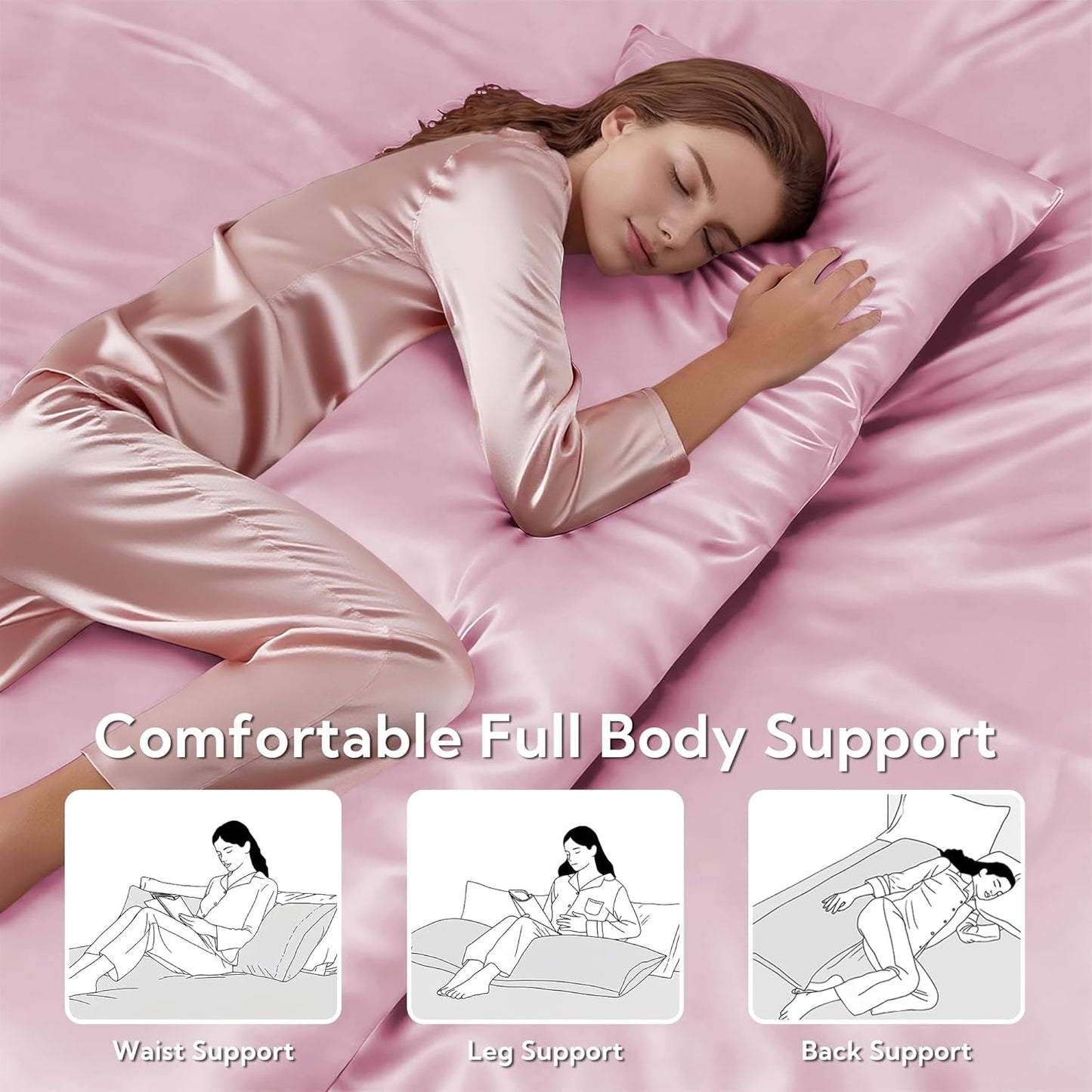 MR&HM Satin Body Pillow Cover, Soft and Breathable Body Pillow Case with Envelope Closure, Cooling and Silky Long Pillowcase for Hair and Skin,Grey (20x54, Pink)