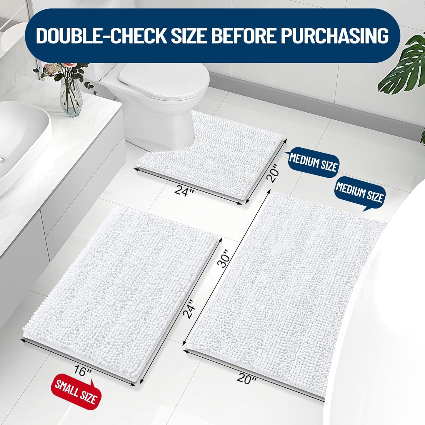 Grandaily Chenille Striped Bathroom Rugs 47x24, Extra Thick and Absorbent Bath Mats, Non-Slip Soft Plush Shaggy Shower Carpet, Machine Wash Dry, Bath Rug for Bathroom, White